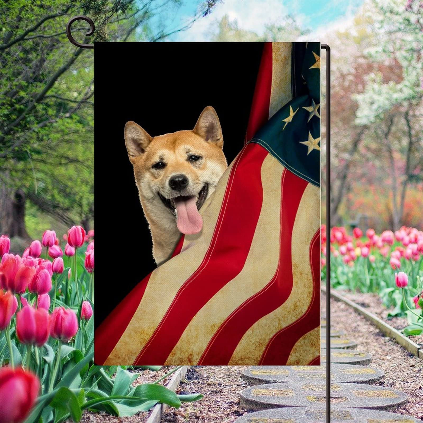 Double-Sided American Flag with Shiba Inu - 12.5x18.5 Inch Vertical Burlap Garden Flag for Outdoor Yard Decor, Farmhouse & Seasonal Holiday Banner | Perfect for Patio, Front Porch, and Home Entrance Welcome Sign