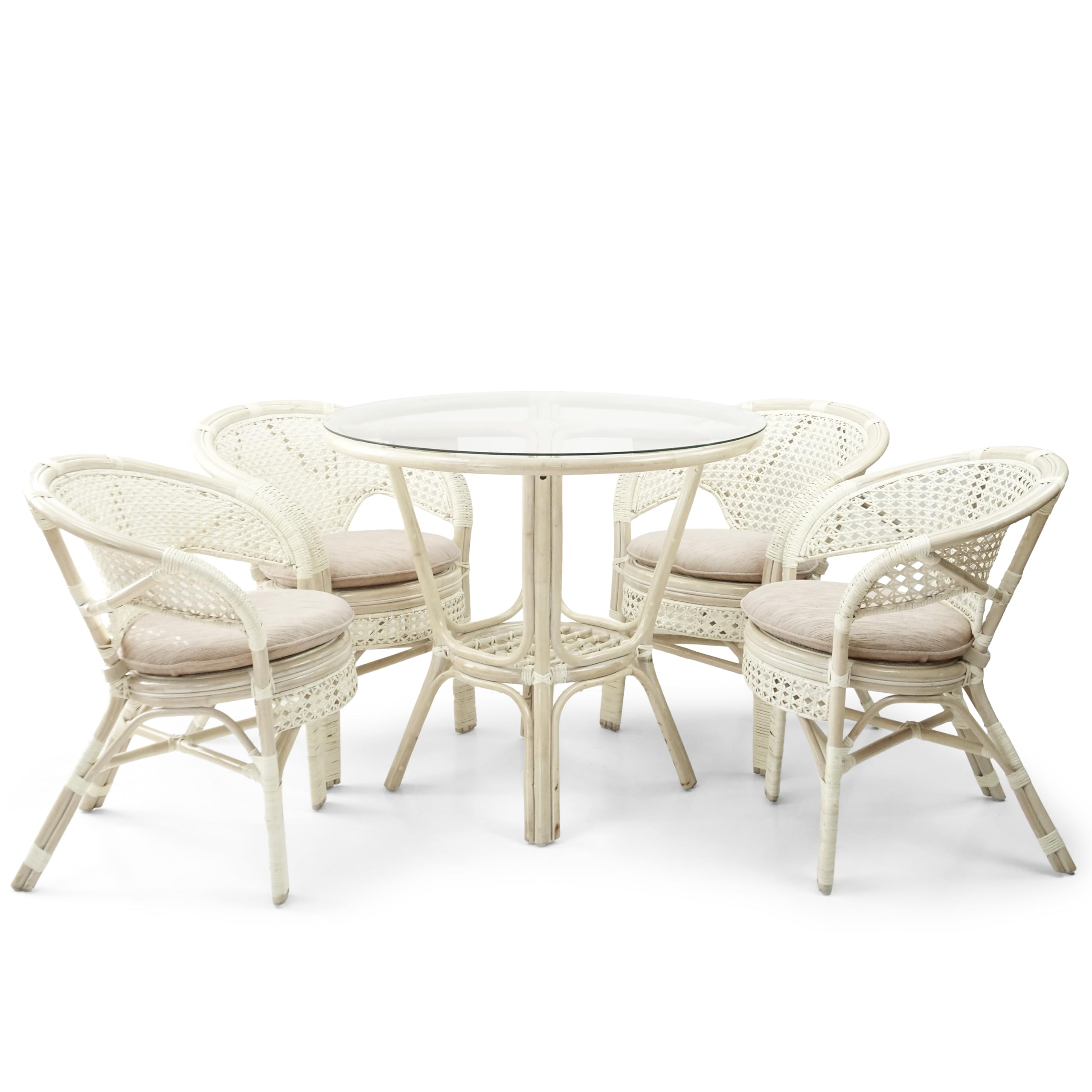 Whitewashed Rattan Wicker Round Dining Table with Tempered Glass Top - Natural Boho Style for Patio, Garden, or Indoor Dining Room Decor