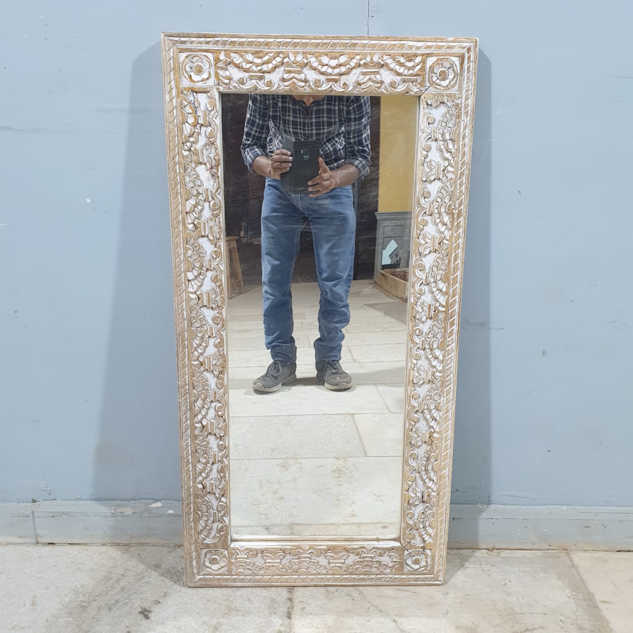 Handmade Indian Wooden Mirror Frame - Carved Whitewash Design 45x3x80cm - Boho Wall Decor for Bedroom, Living Room & Entryway
