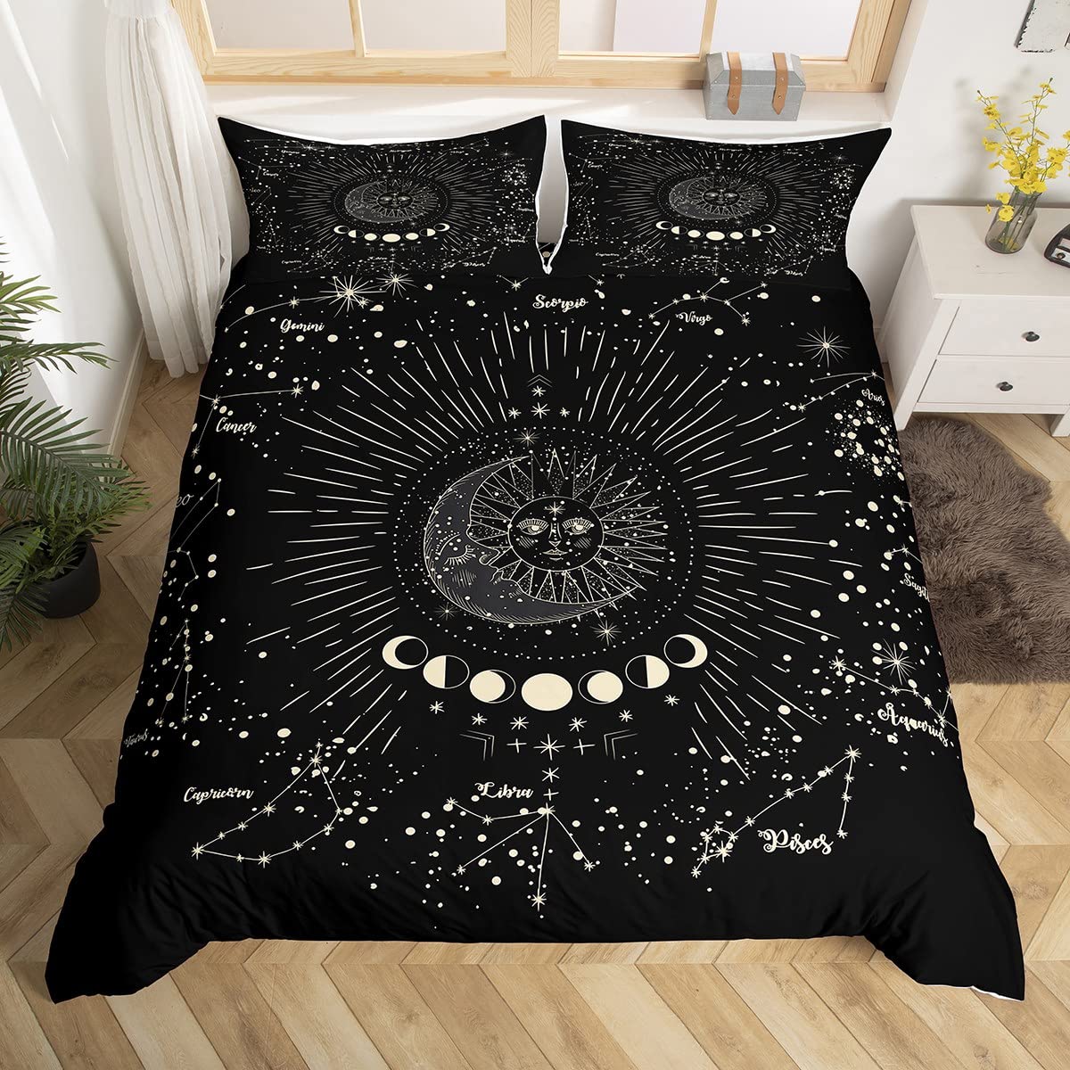 Feelyou Sun and Moon Printed Duvet Cover Set - Bohemian Tribal Black Quilt Cover with 1 Pillowcase (2Pcs) for Twin Bed | Galaxy Astrology Bedding for Kids, Boys & Girls | Perfect for Boho Chic Bedroom Decor & Teen Room Makeover