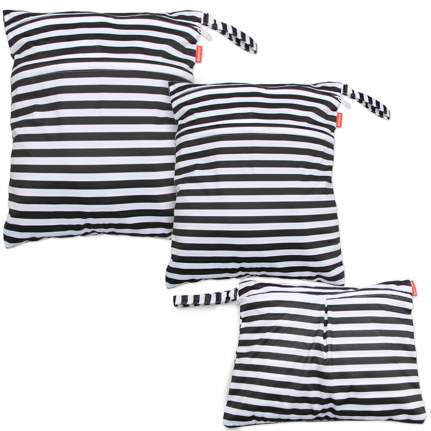 Damero 3-Piece Waterproof Wet Dry Bag Set with Handle - Perfect for Diapers, Pump Parts, Swimsuits & Travel Essentials - Compact & Portable for On-the-Go Parents (Black Stripes) | Ideal for Daycare, Beach Trips & Gym Use