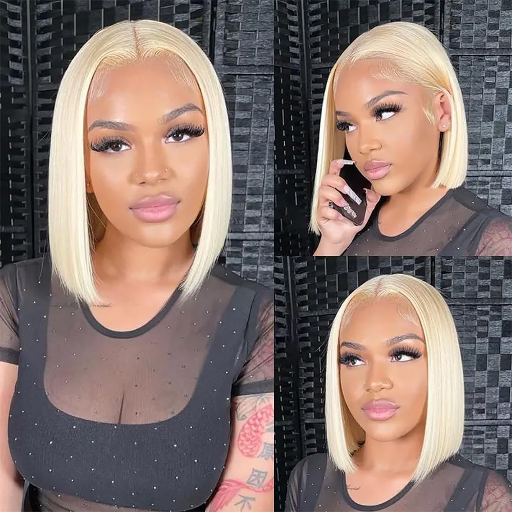 613 Blonde Bob Wig Human Hair 13x4 HD Lace Front Wig 200% Density - Pre Plucked with Baby Hair, Glueless Short Straight Bob Wigs for Women (12 Inch) - Perfect for Cosplay, Daily Wear & Special Occasions
