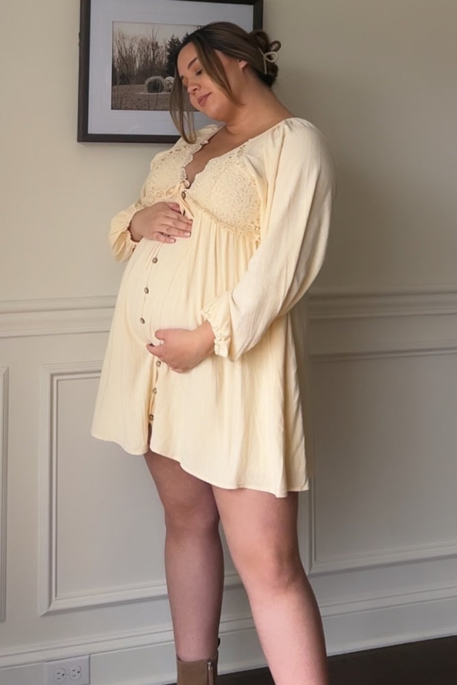 Beige Crochet Lace Button Front Maternity Dress for Pregnancy Photos, Baby Shower & Special Occasions - Comfortable Nursing Dress for Expecting Mothers