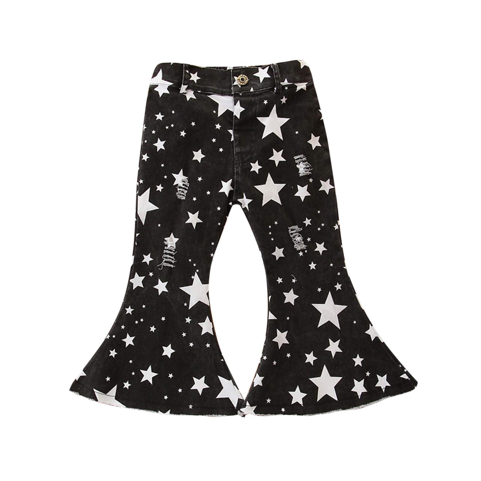 **Distressed Denim Jeans for Girls - Bell Bottom Flare with Star Print & Ruffled Hem - Wide Leg Pants for Casual & Play Outfits**