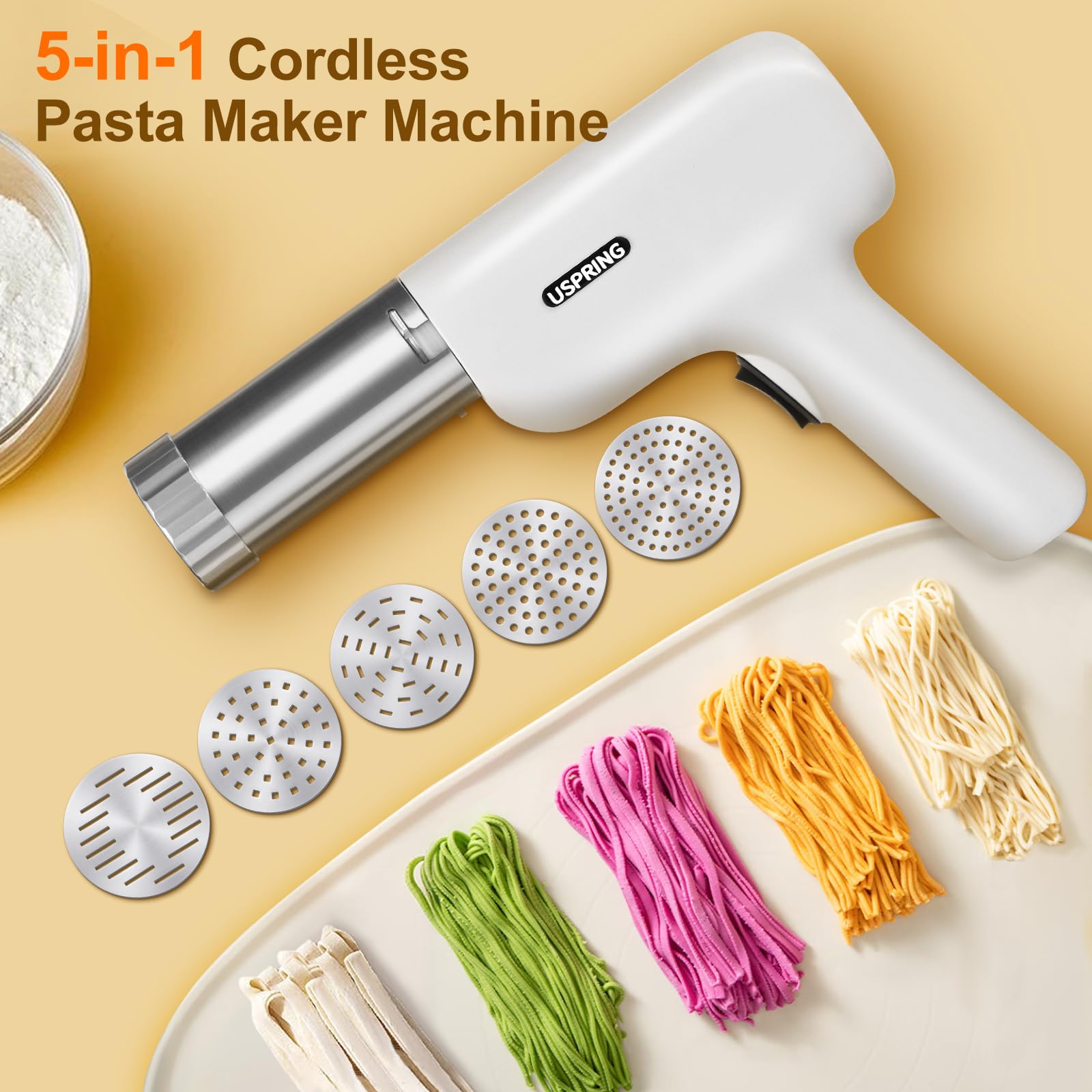Uspring 5-in-1 Cordless Electric Pasta Maker Machine - Handheld Automatic Noodle Press with Dough Cutter for Homemade Spaghetti, Fettuccine & More - Portable Pasta Maker for Kitchen, Camping & Small Spaces (White)