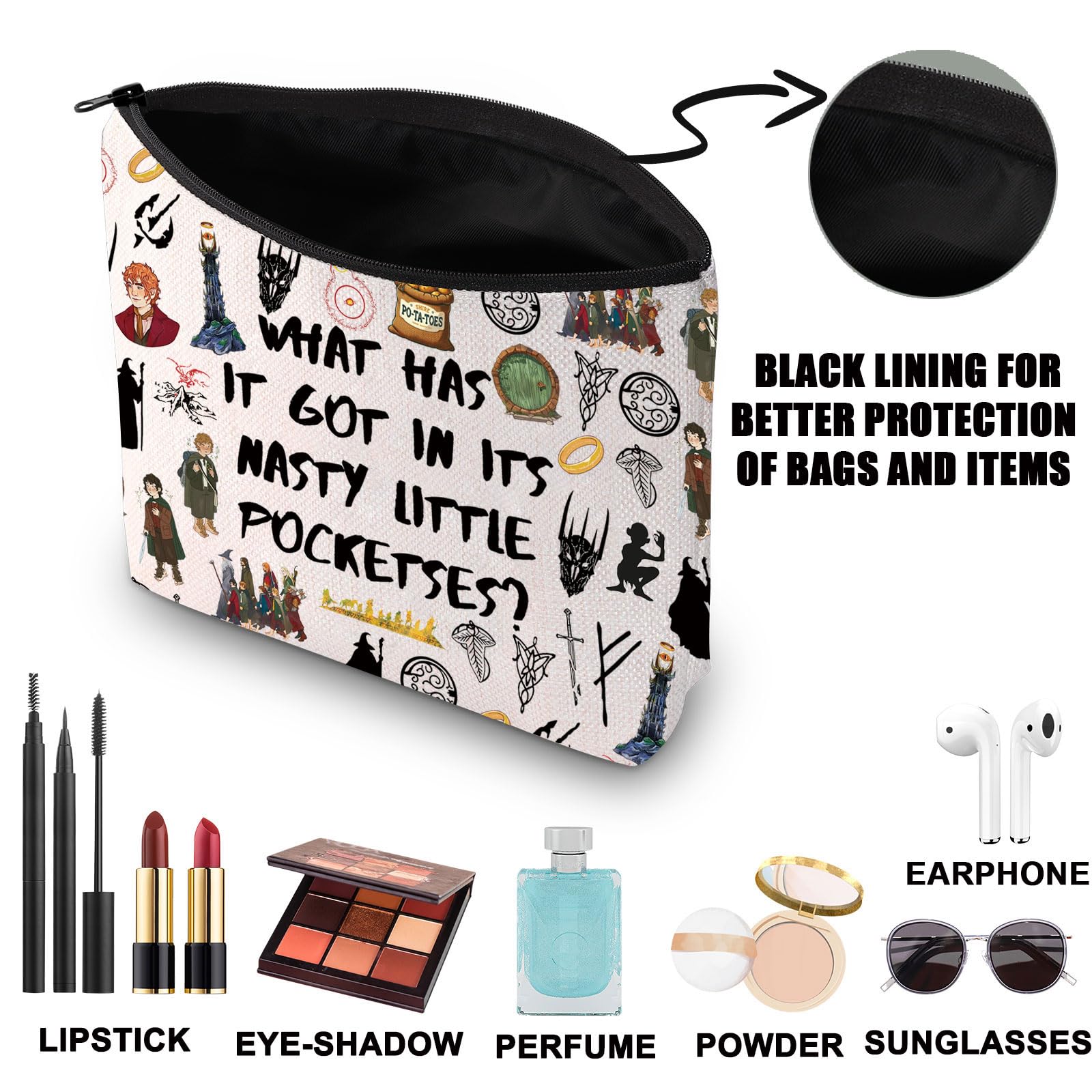 JNIAP Rings Movie Themed Makeup Bag - Lord of the Rings Inspired Cosmetic Pouch - Perfect Gift for LOTR Fans - Travel & Daily Use Organizer