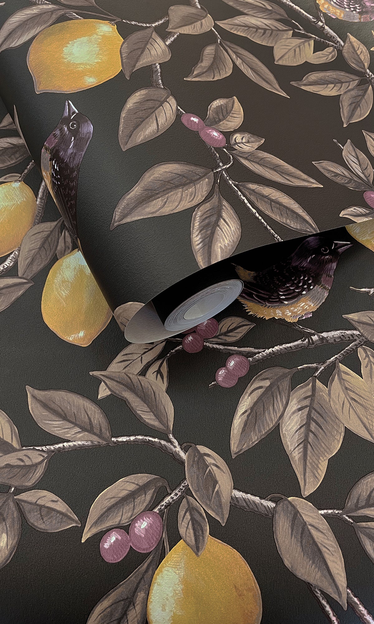 Charcoal Golden Lemon Trail Wallpaper R9634 - Peel and Stick Removable Wallpaper for Bedroom, Living Room, and Office Decor
