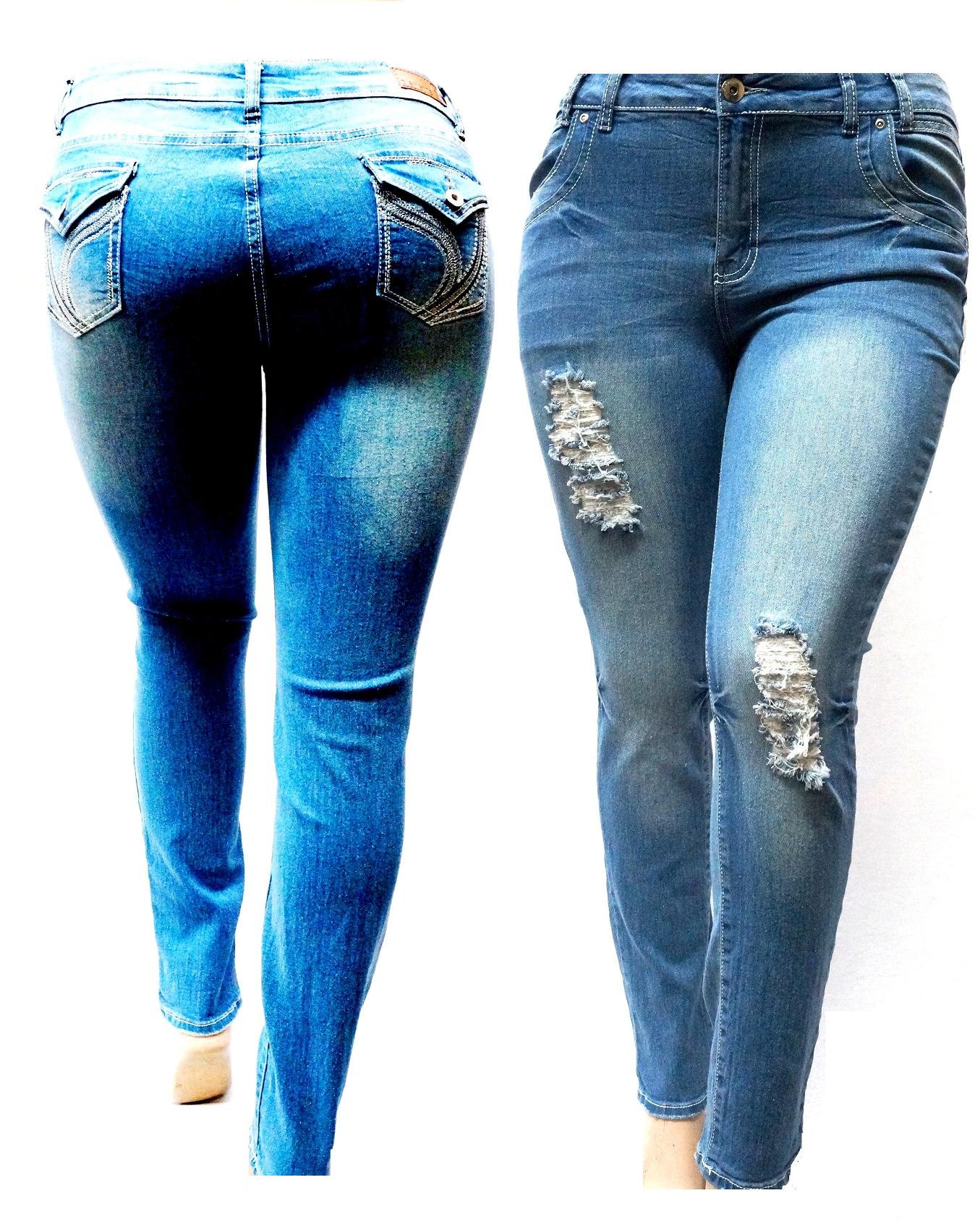 DIAMANTE Blue Denim Jeans for Women - Plus Size Skinny Leg Stretch Distressed Jeans | High Quality Premium Denim Pants for Casual Wear & Everyday Outfits