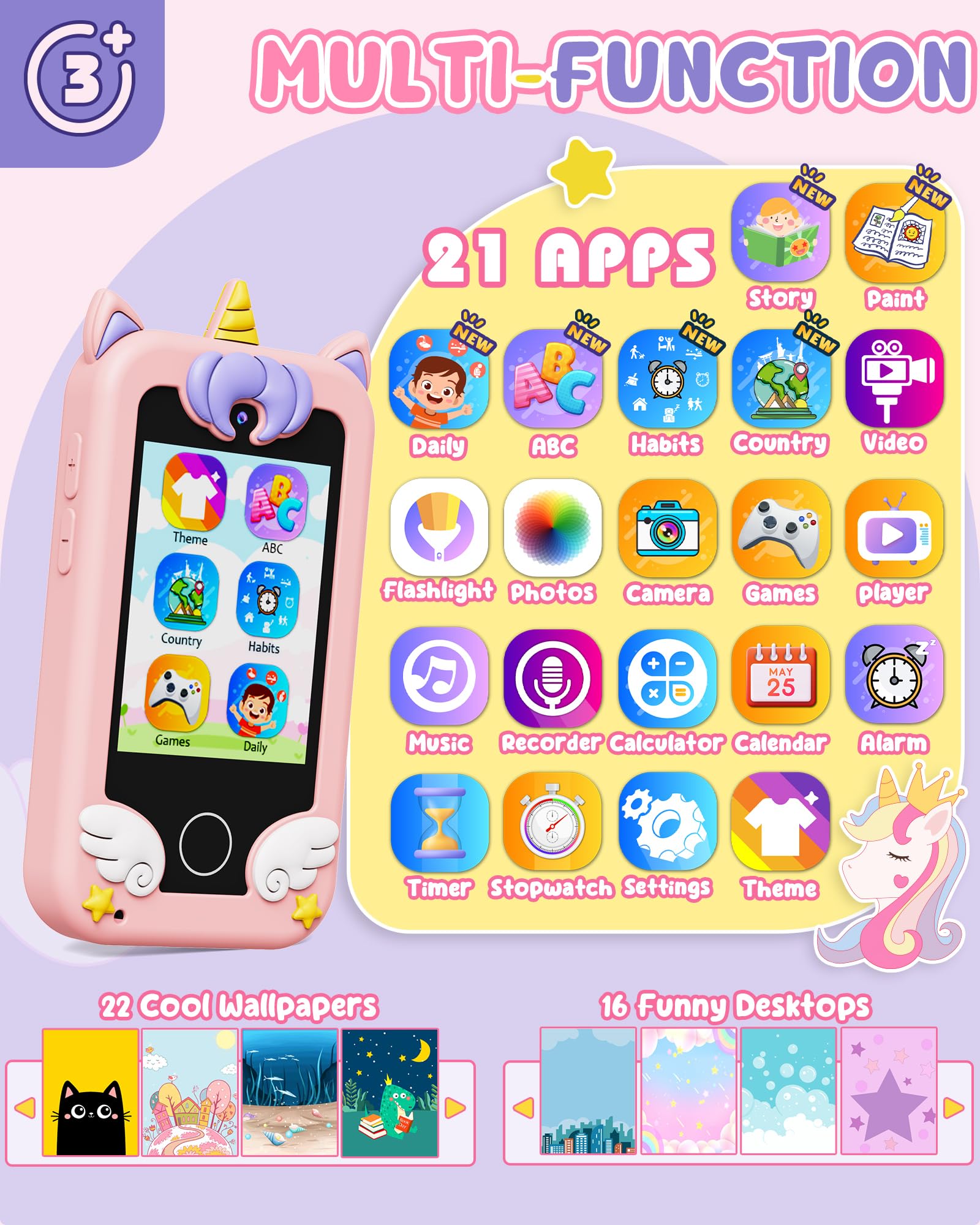UCIDCI Kids Smart Phone Toy for Girls & Boys Ages 3-7 - Educational Learning Games, Dual Camera, MP3 Music Player - Perfect Travel & Birthday Gift for Toddlers | Fun Pretend Play & Early Learning Tool