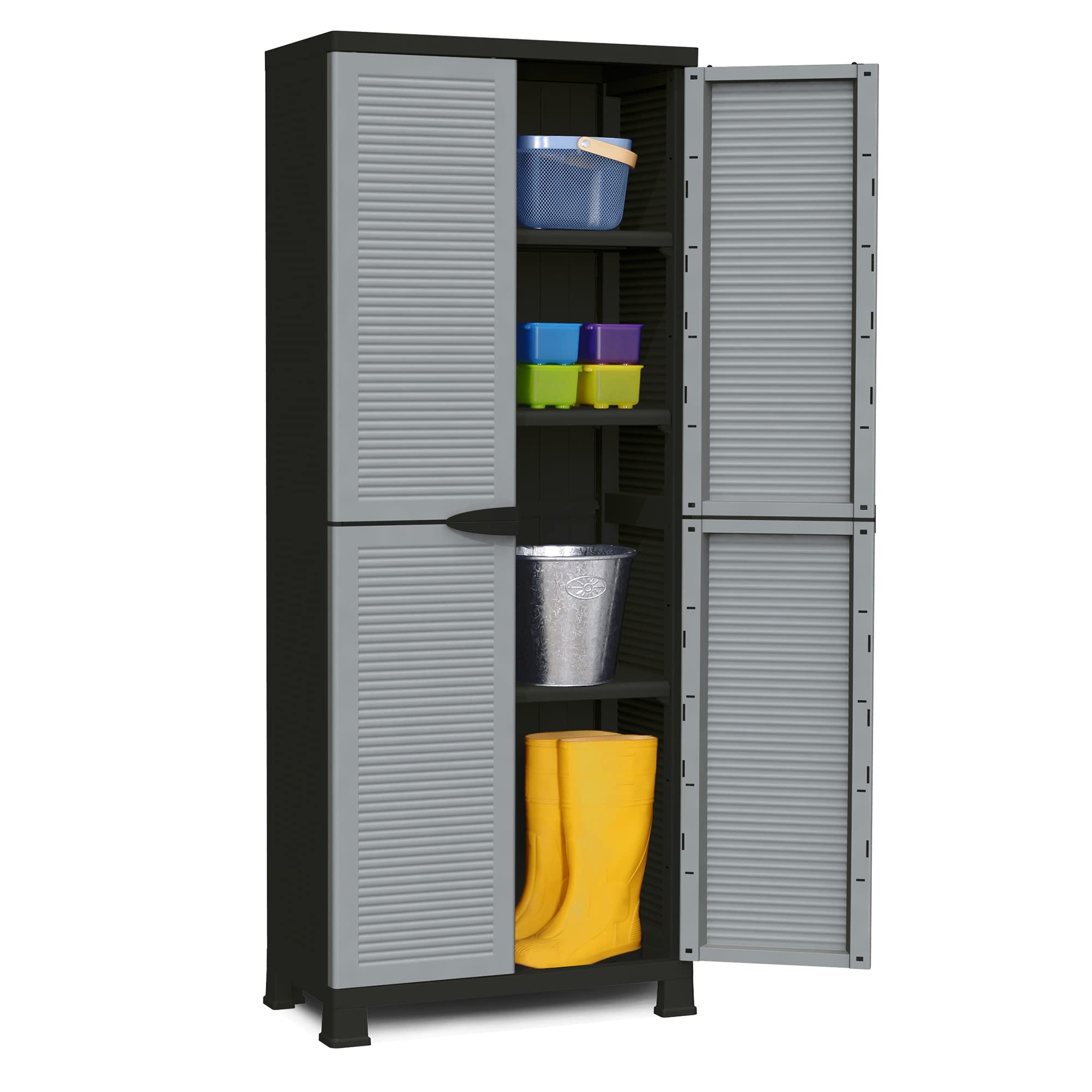 Ram Quality Products 3-Shelf Adjustable Tool Storage Cabinet with Lockable Doors - Heavy Duty Metal Utility Organizer for Garage, Workshop, Home & Outdoor Use - Gray