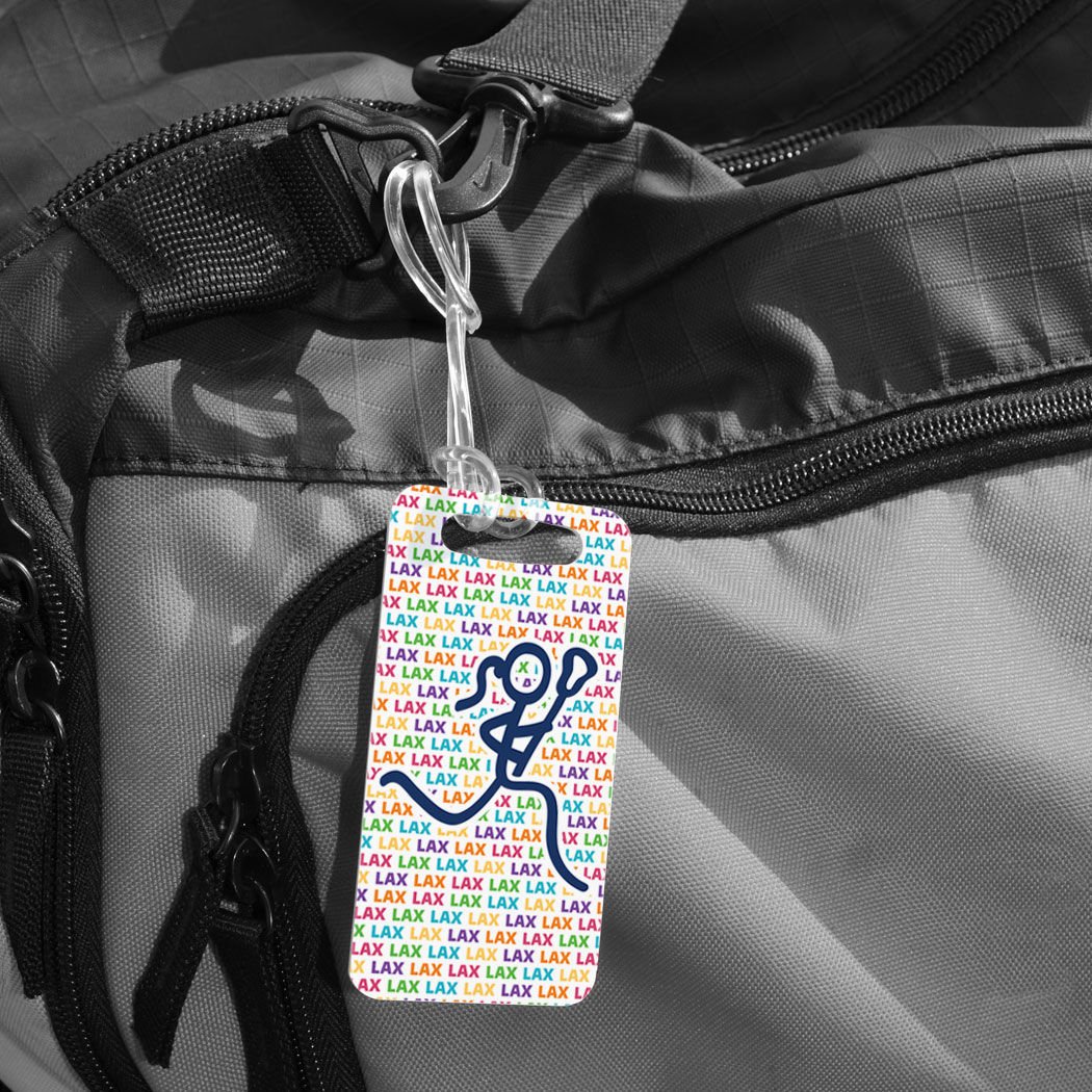 Custom Girls Lacrosse Luggage Tag - Personalized Female Lacrosse Stick Player Design with Info Panel - Small White Bag Tag for Travel & Sports Gear