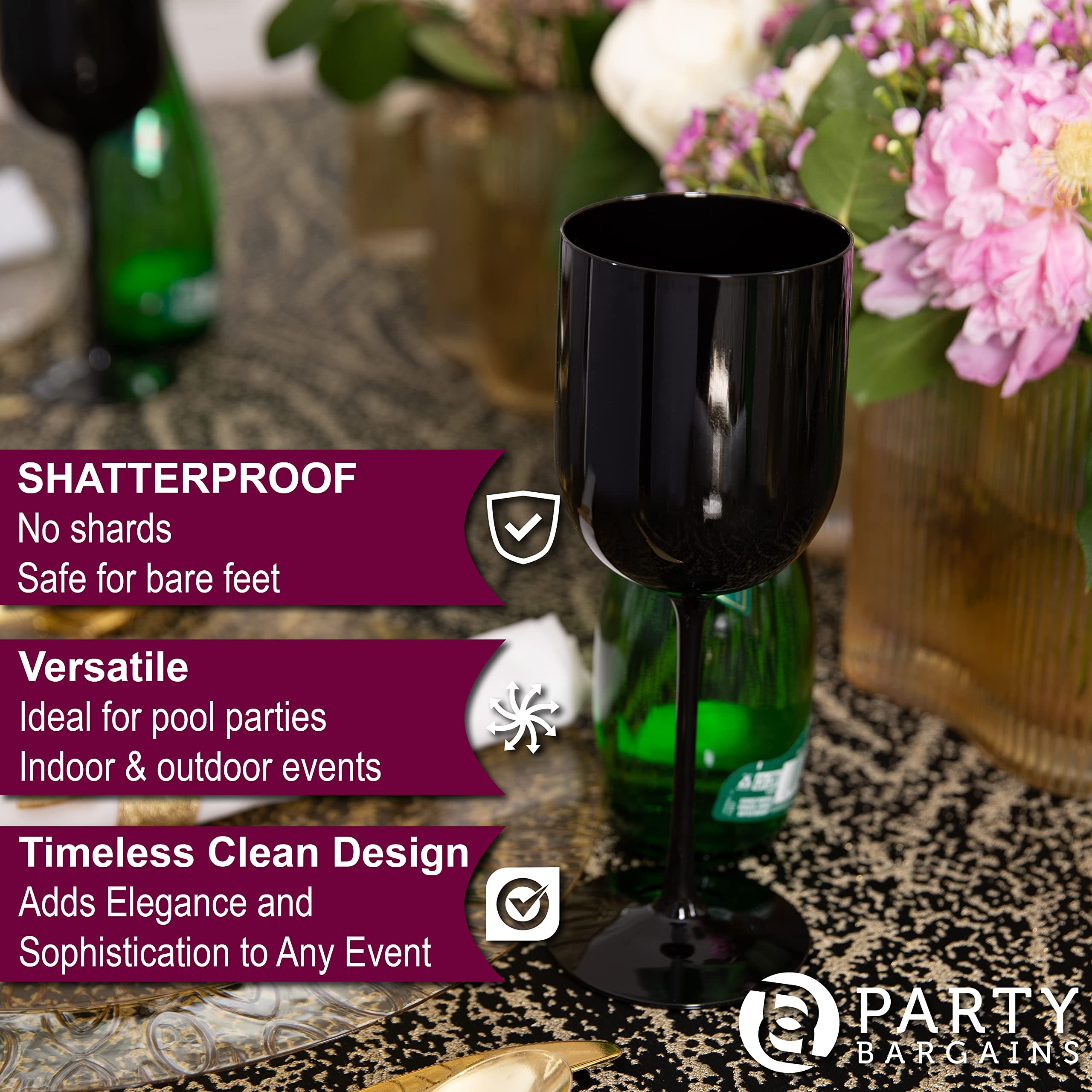30-Pack 12 oz Black Plastic Wine Goblets with Stems - Elegant Disposable Wine Glasses for Weddings, Parties, Outdoor Events & Poolside Gatherings - Perfect for Cocktails, Champagne and Beverage Serving