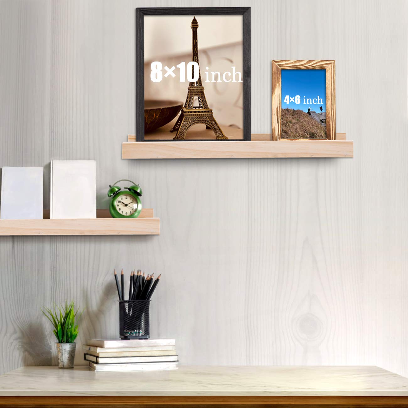 AZSKY Set of 2 Floating Shelves 16 Inch - Natural Wood Wall Shelves for Picture Frames, Books & Decor - Perfect for Living Room, Nursery & Gallery Display