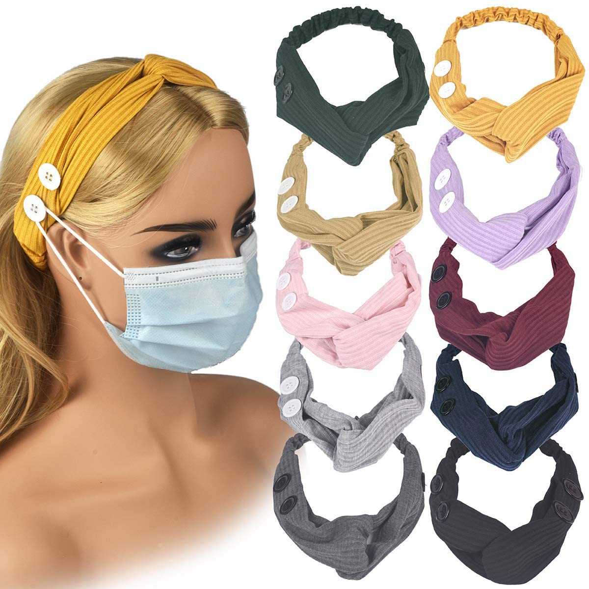 10 PCS Button Headbands for Face Masks - Stretchy Knotted Boho Hair Bands for Women - Lightweight Elastic Exercise Headbands for Nurses & Doctors - Ear Protection for Workouts, Medical Shifts & Daily Wear