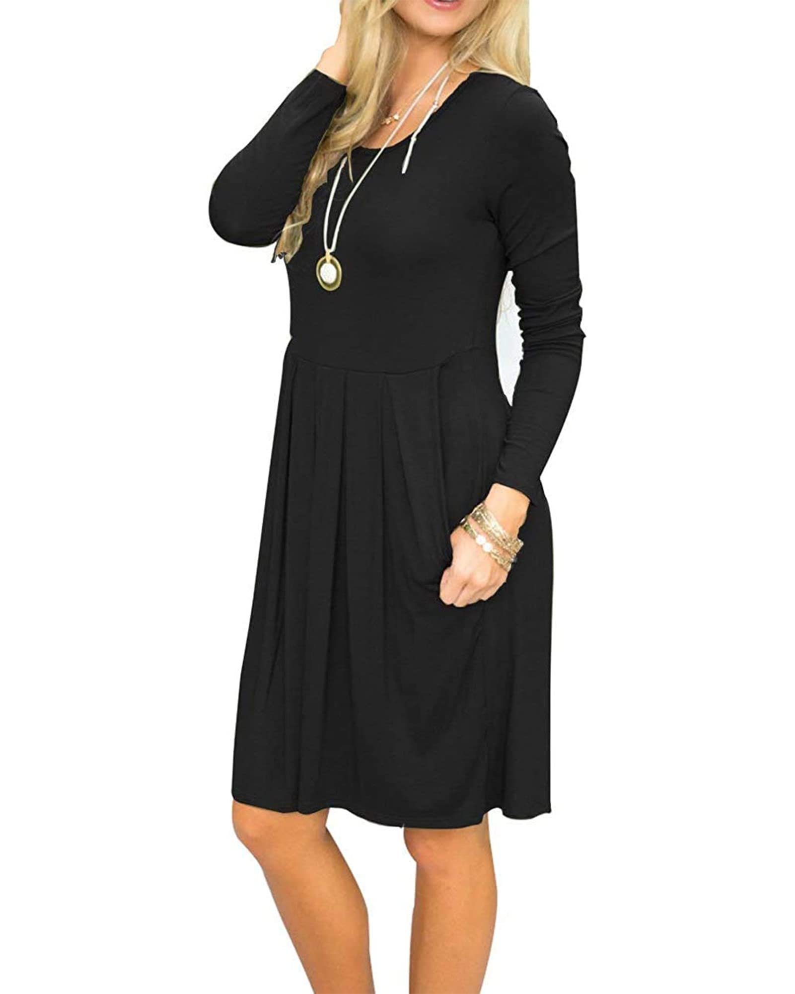 AUSELILY Women's Long Sleeve Pleated Swing Dress with Pockets - Knee Length Casual Loose Dress for Everyday Wear, Office & Date Night - 2025 New Fashion Trend