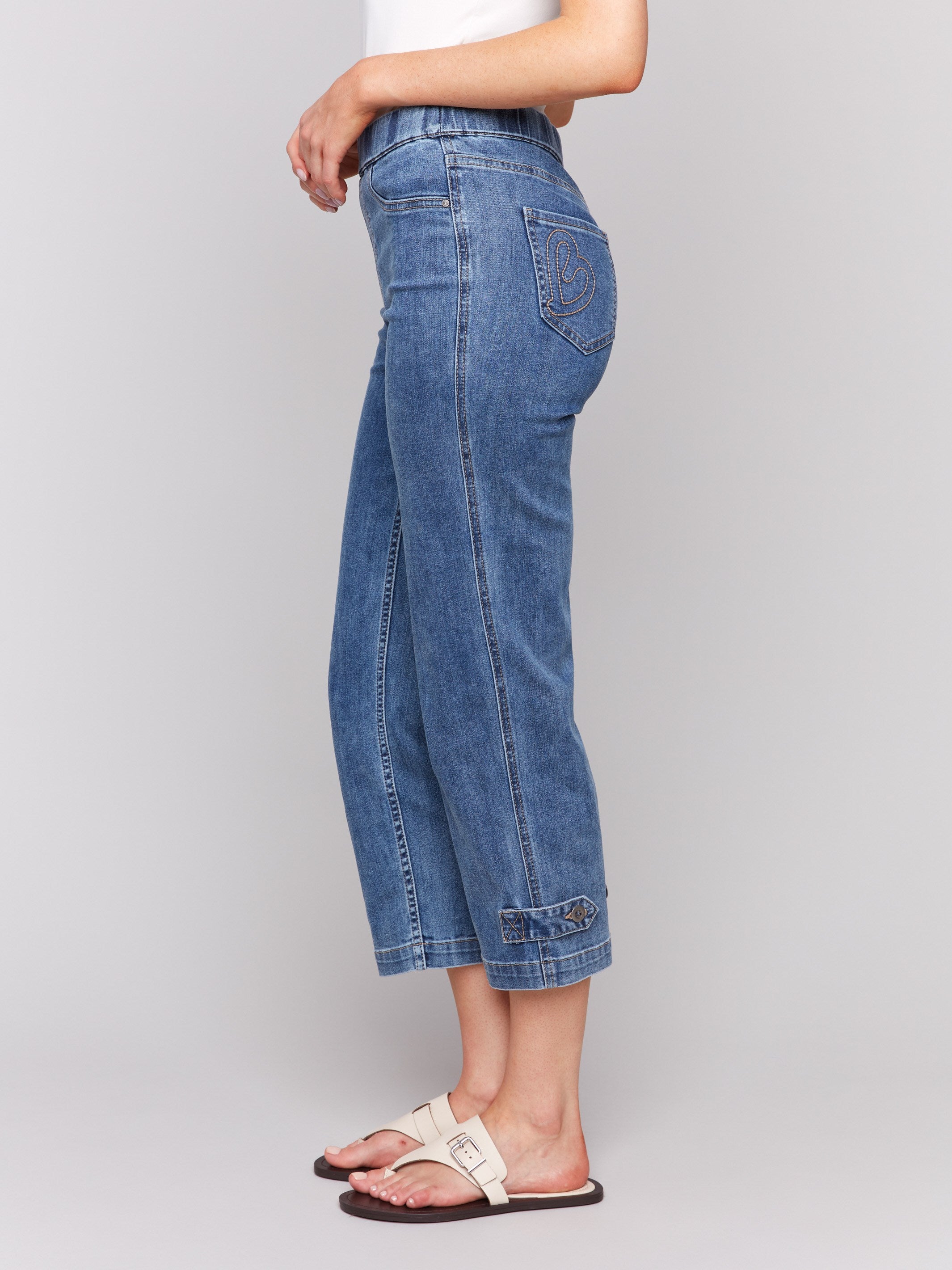 Cropped Pull On Jeans with Hem Tab - Medium Blue Denim Women's High Waisted Stretch Skinny Jeans | Perfect for Casual Outings, Work & Weekend Wear