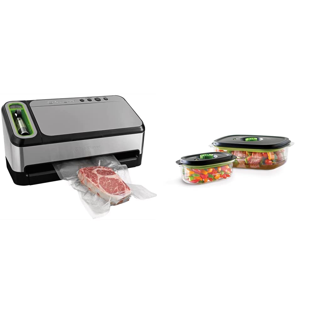 FoodSaver V4840 2-in-1 Vacuum Sealer Machine with Automatic Bag Detection | Includes Starter Kit & 3-Piece 10-Cup Vacuum Containers (Silver) | Perfect for Meal Prep, Sous Vide, Food Storage & Marinating