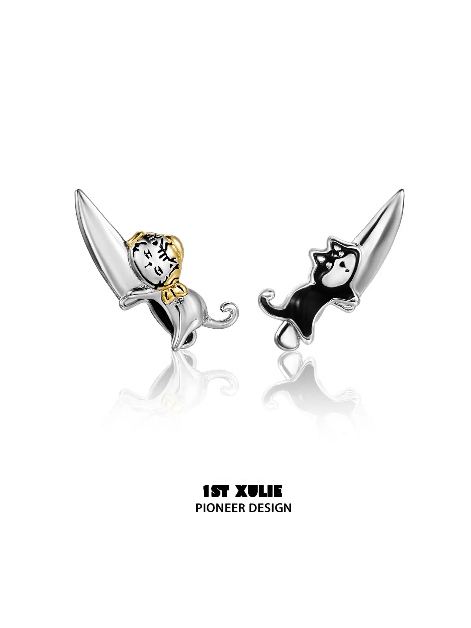 Graffiti Kitten Puppy S925 Sterling Silver Stud Knife Earrings - Trendy Punk Jewelry for Women & Girls - Perfect for Parties, Concerts & Gifts