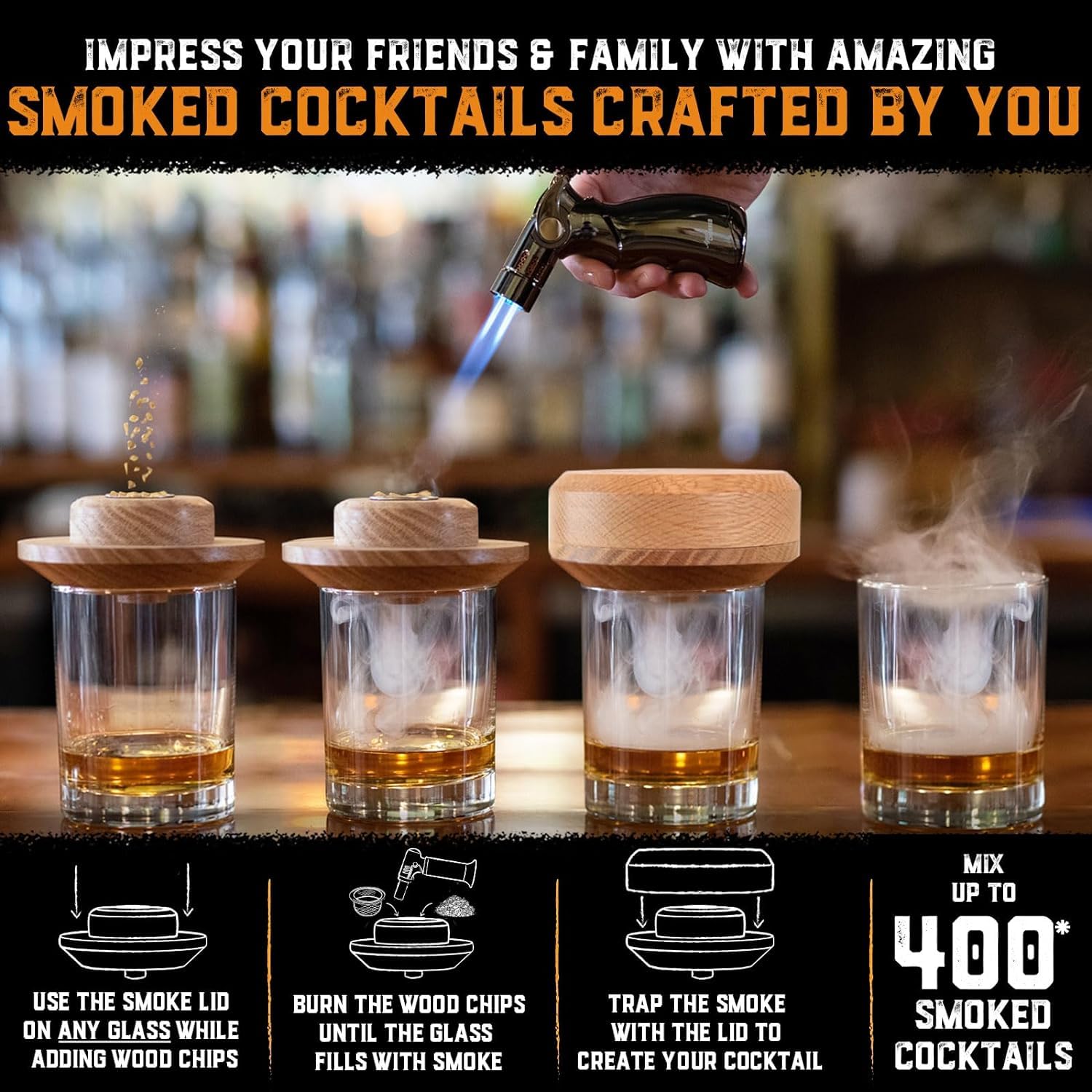 Premium Cocktail Smoker Kit with Torch & Wood Chips - Oak Wood Smoking Set for Whiskey & Bourbon - Old Fashioned Cocktail Maker - Unique Gifts for Men (Husband, Father, Son) - No Butane Needed - Perfect for Home Bars, Parties & Special Occasions