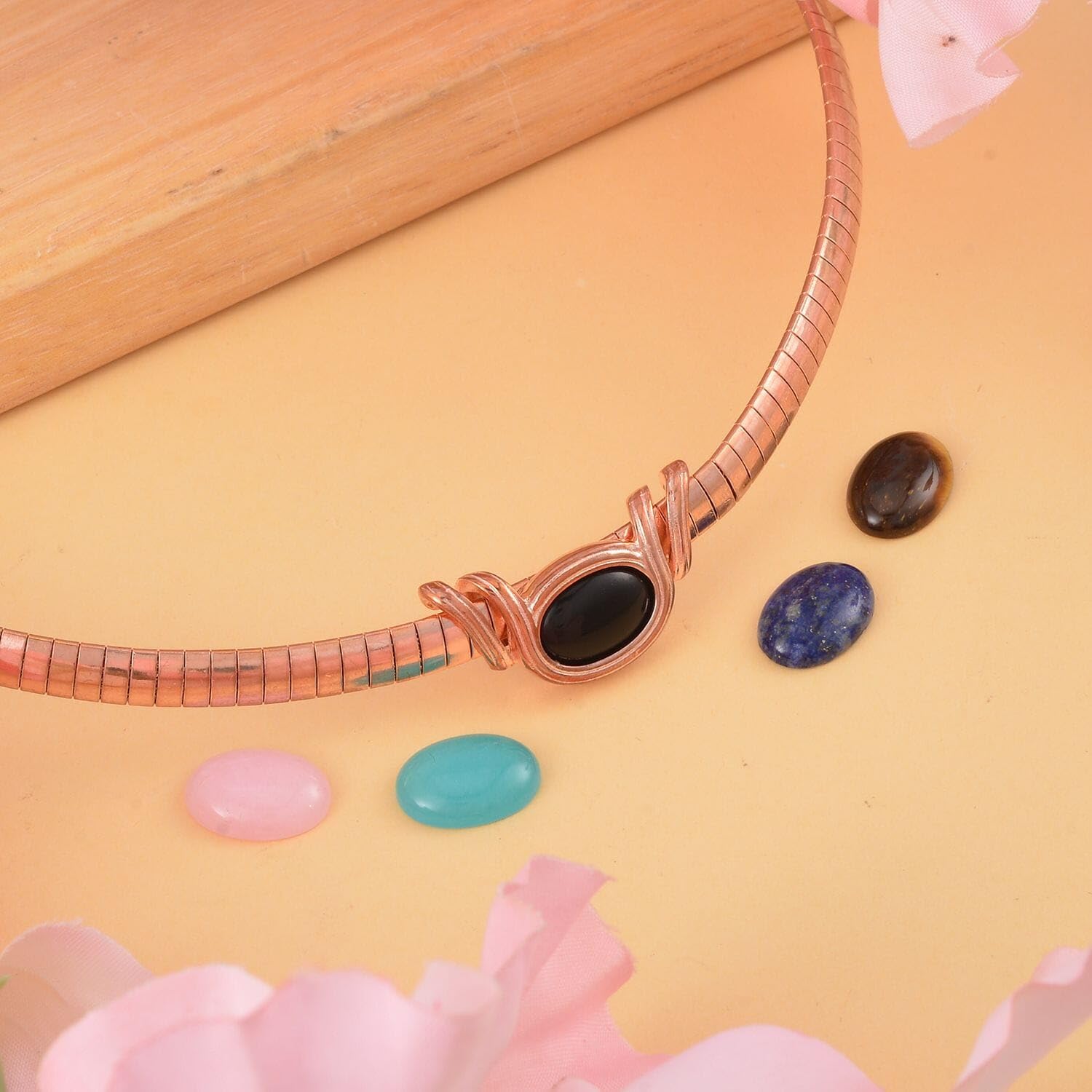 Rose Quartz & Amazonite Stainless Steel Adjustable Choker Necklace for Women - 5 Interchangeable Gemstone Pendants, 18-20