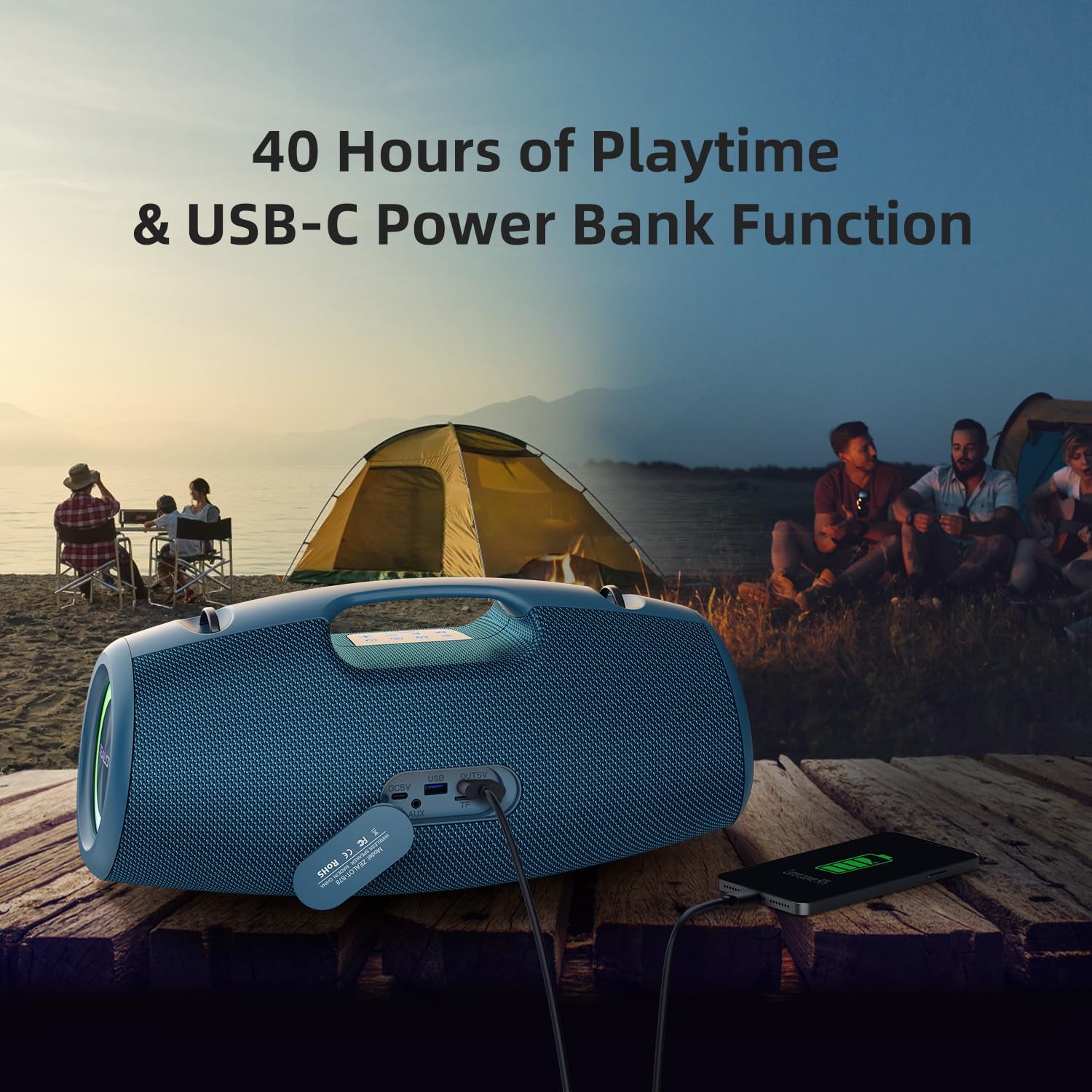 ZEALOT 120W Portable Bluetooth Speaker with Booming Bass, IP67 Waterproof, Built-in LED Lights & Power Bank | Wireless Outdoor Speaker for Camping, Beach, Pool Parties, Hiking & Home Use (Blue)