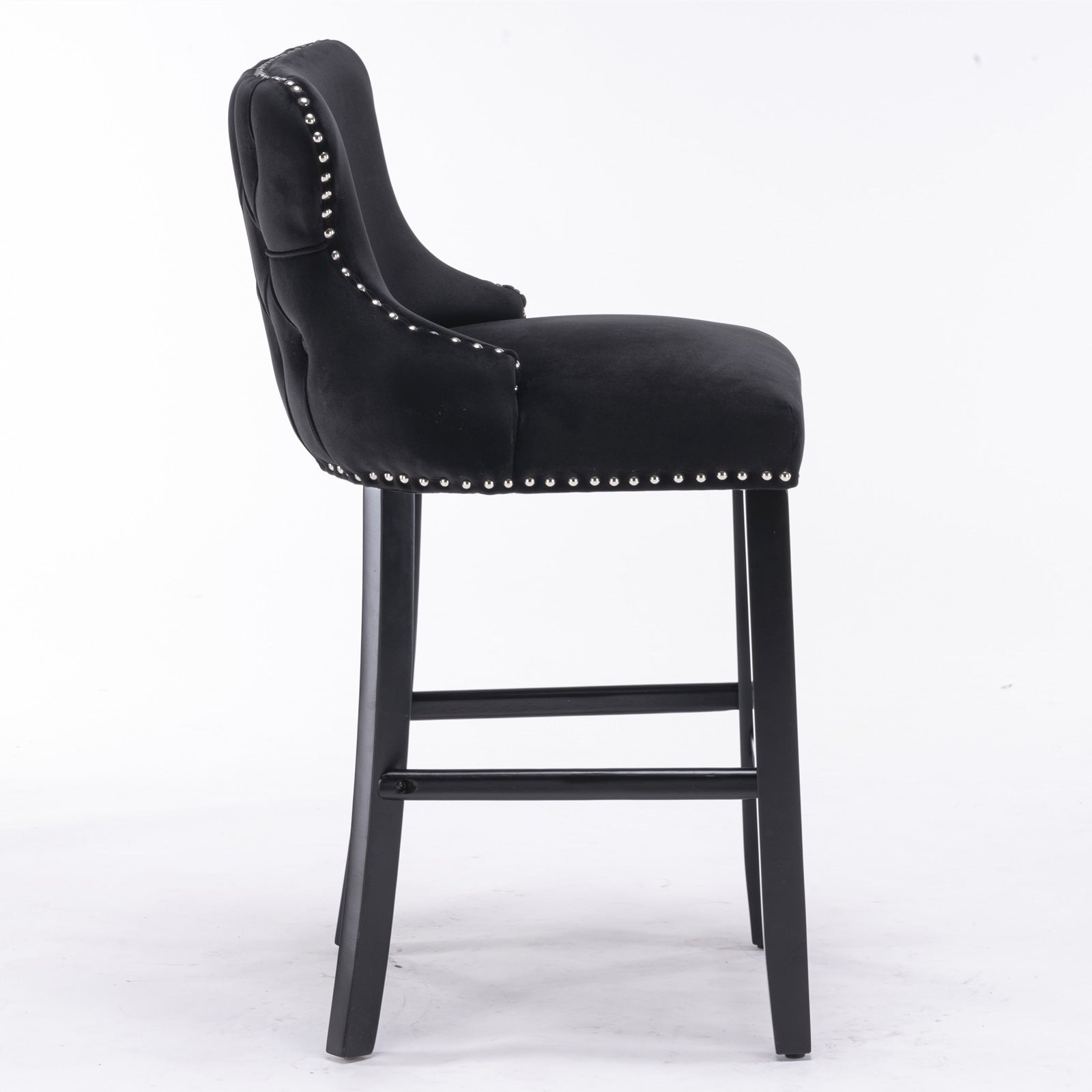 Modern Velvet Upholstered Wingback Bar Stools with Button Tufting & Wooden Legs - Set of 4 Black Bar Chairs with Chrome Nailhead Trim for Kitchen Island, Home Bar & Dining Room Decor - SW1824BK