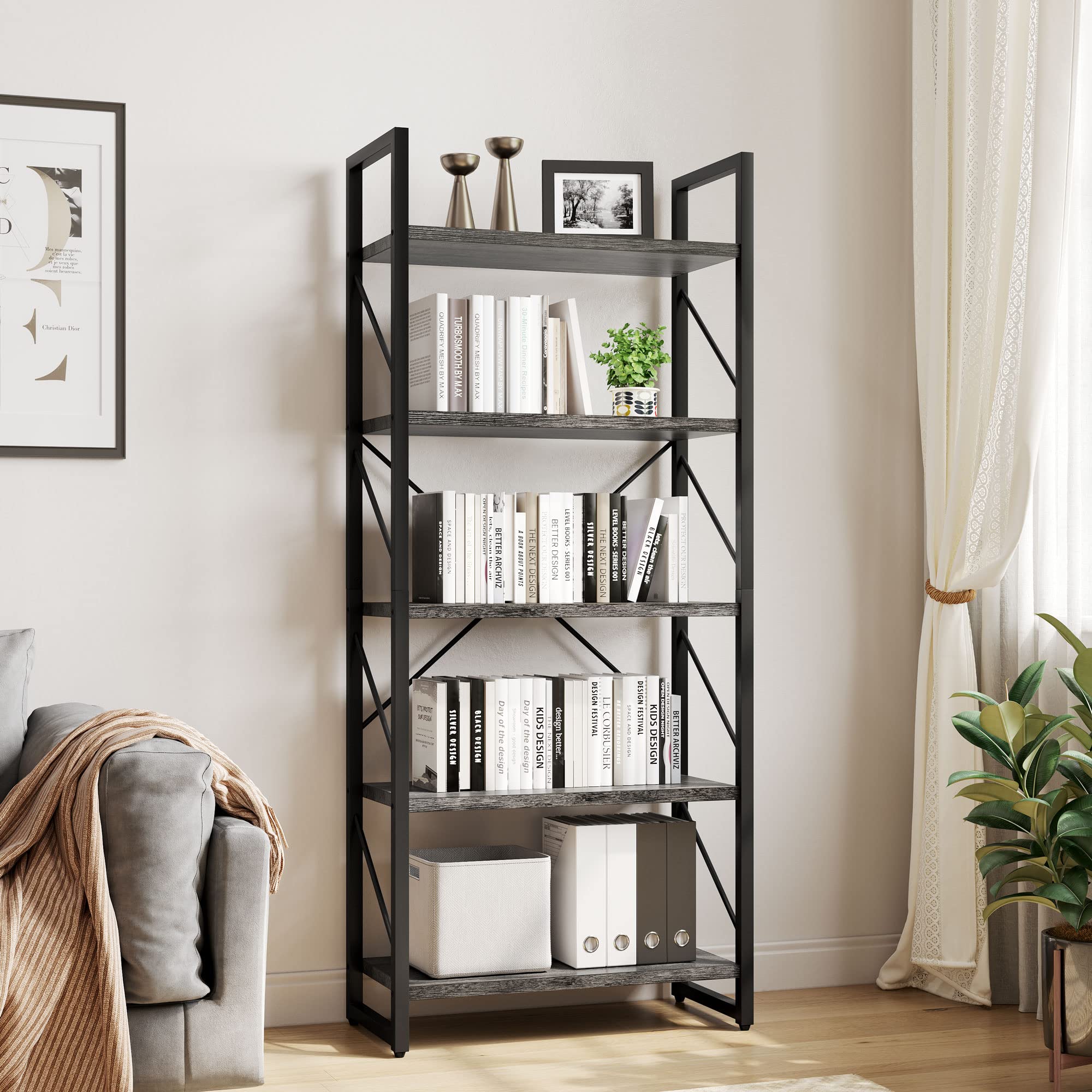 YITAHOME 5-Tier Industrial Bookshelf - Modern Grey Bookcase with Storage Shelves for Living Room, Home Office, Bedroom - Sturdy Book Rack & Organizer for Books, Movies, Decor - Charcoal Gray & Black Finish - Perfect for Small Spaces & Home Organization