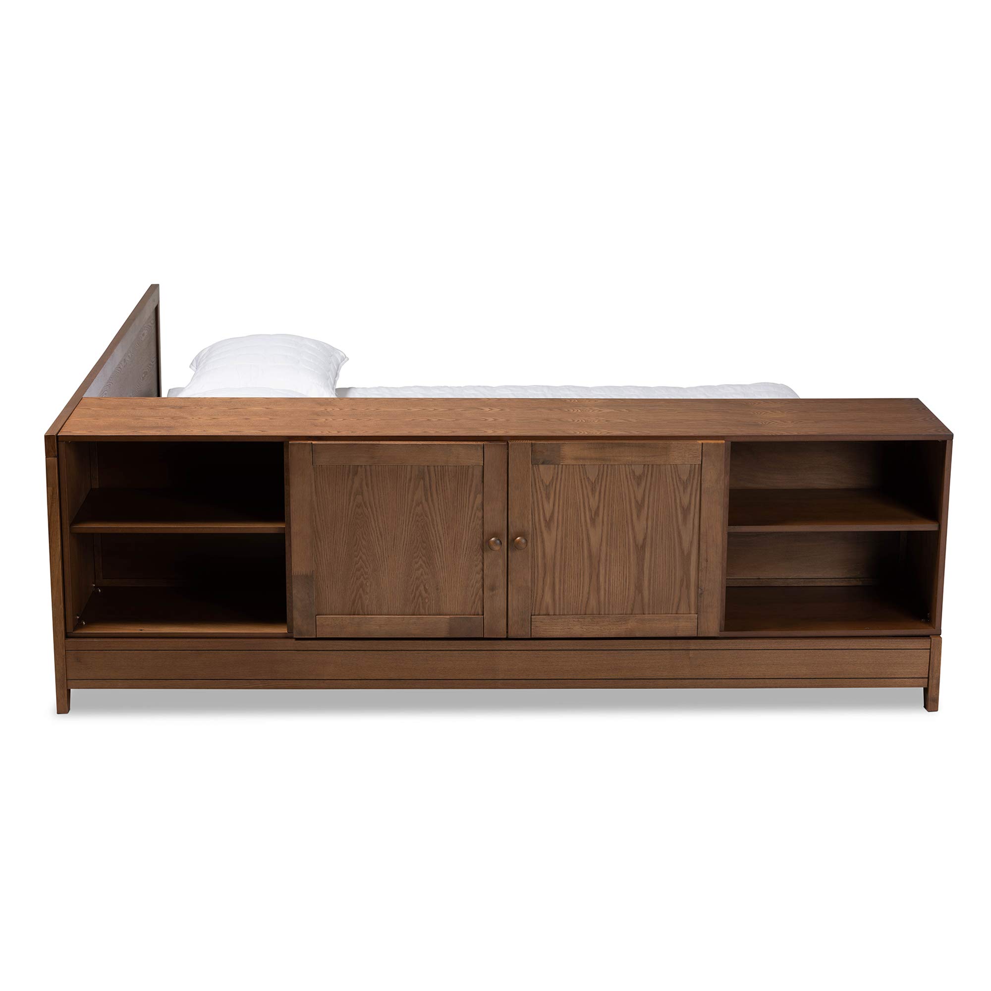 Baxton Studio Queen Size Walnut Platform Bed Frame - Modern Solid Wood Bed with Storage Space for Bedroom, Guest Room, Dorm