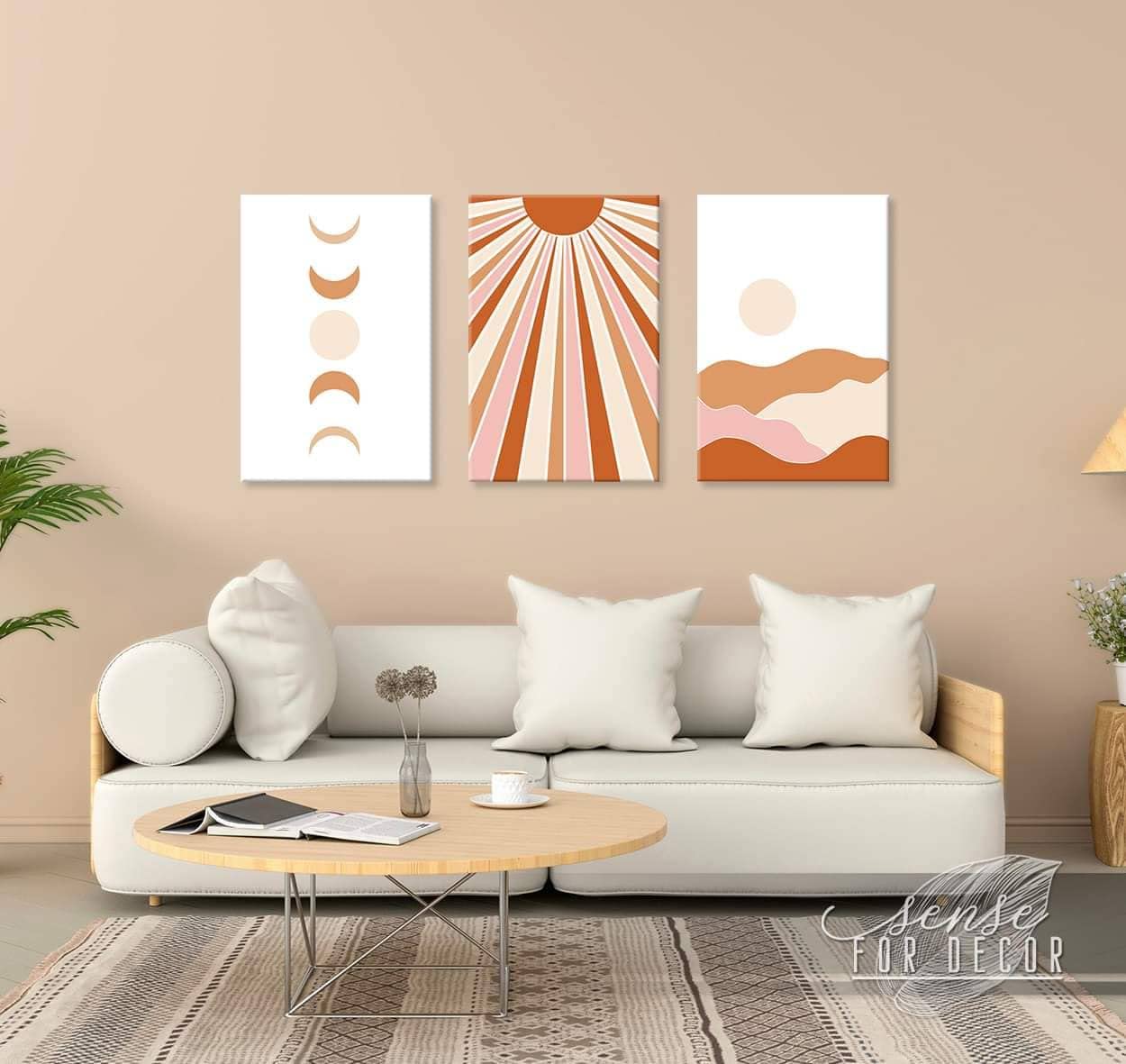 Set of 3 Framed Mountain Wall Art Paintings - Nature Landscape Decor for Living Room, Boho Moon Design (24x36 Inches) | Abstract Geometric Sun & Moon Artwork with Mandala & Leaf Patterns | Perfect for Home, Office or Meditation Space Decor