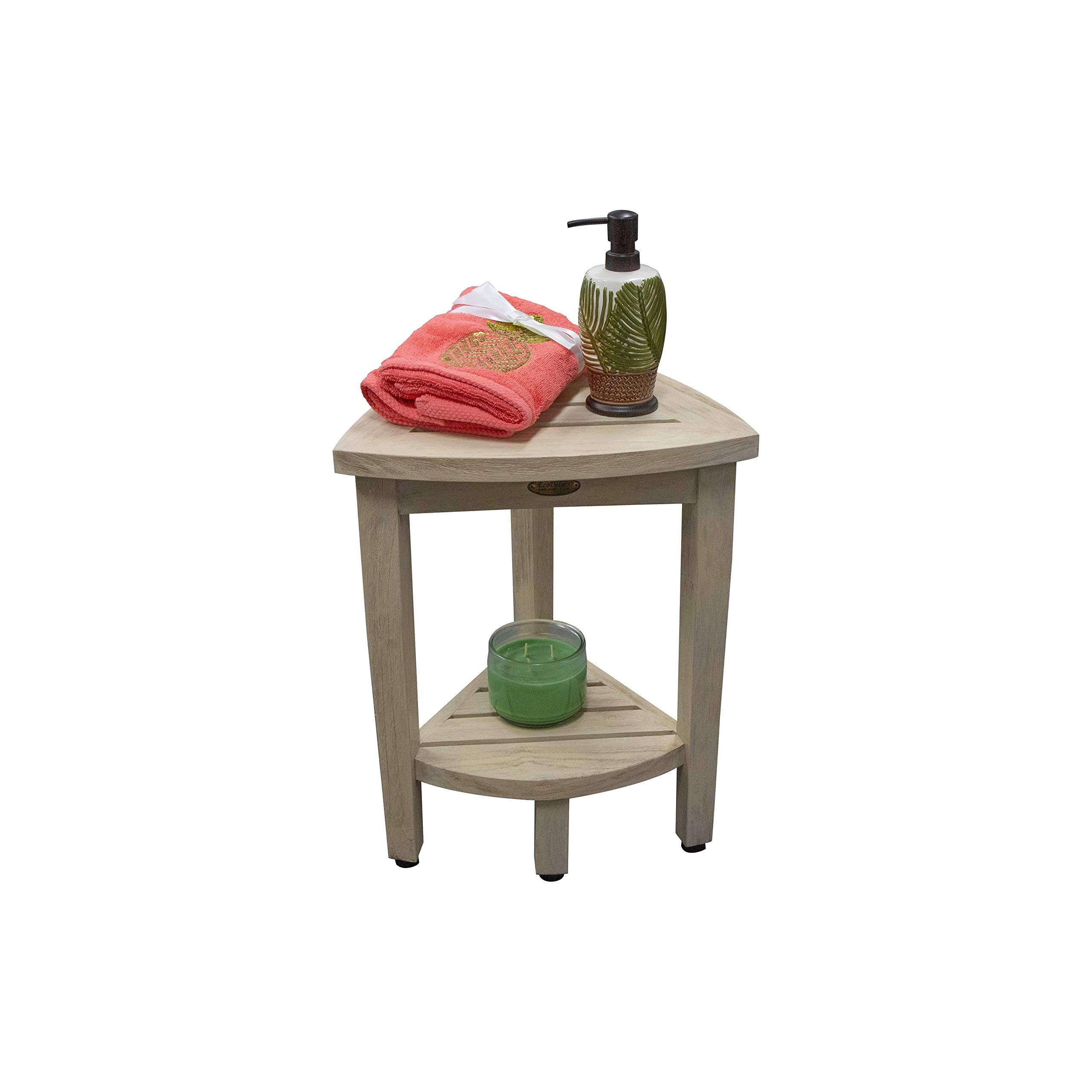 Compact Solid Teak Corner Shower Bench with Coastal Driftwood Finish - Waterproof Shaving Stool for Bathroom, Spa & Nautical Decor - Perfect for Small Spaces & Coastal Style Homes