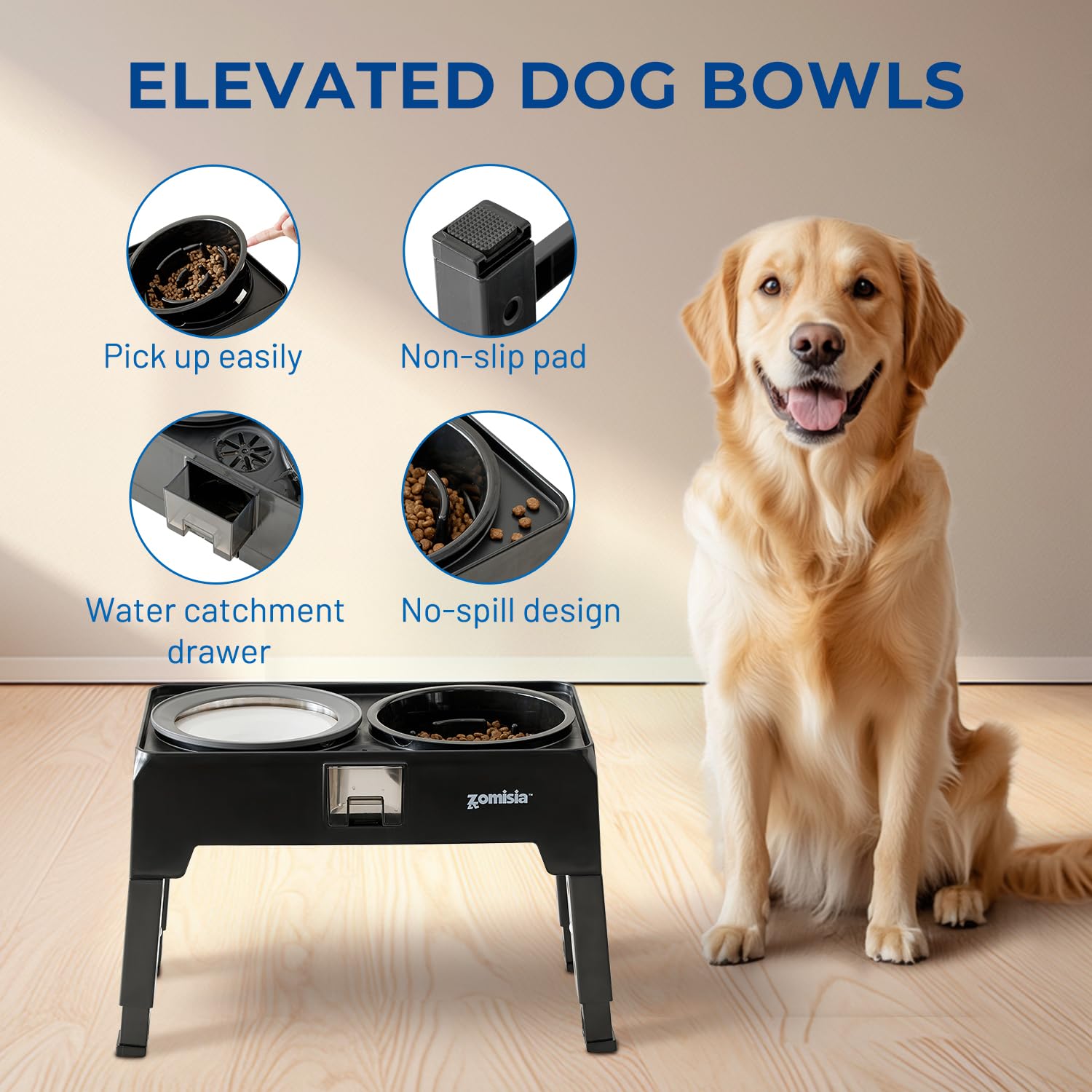 3-in-1 Adjustable Elevated Dog Bowls Set - Slow Feeder & No-Spill Water Bowl with Stainless Steel Food Dish, 4 Height Settings up to 13.4