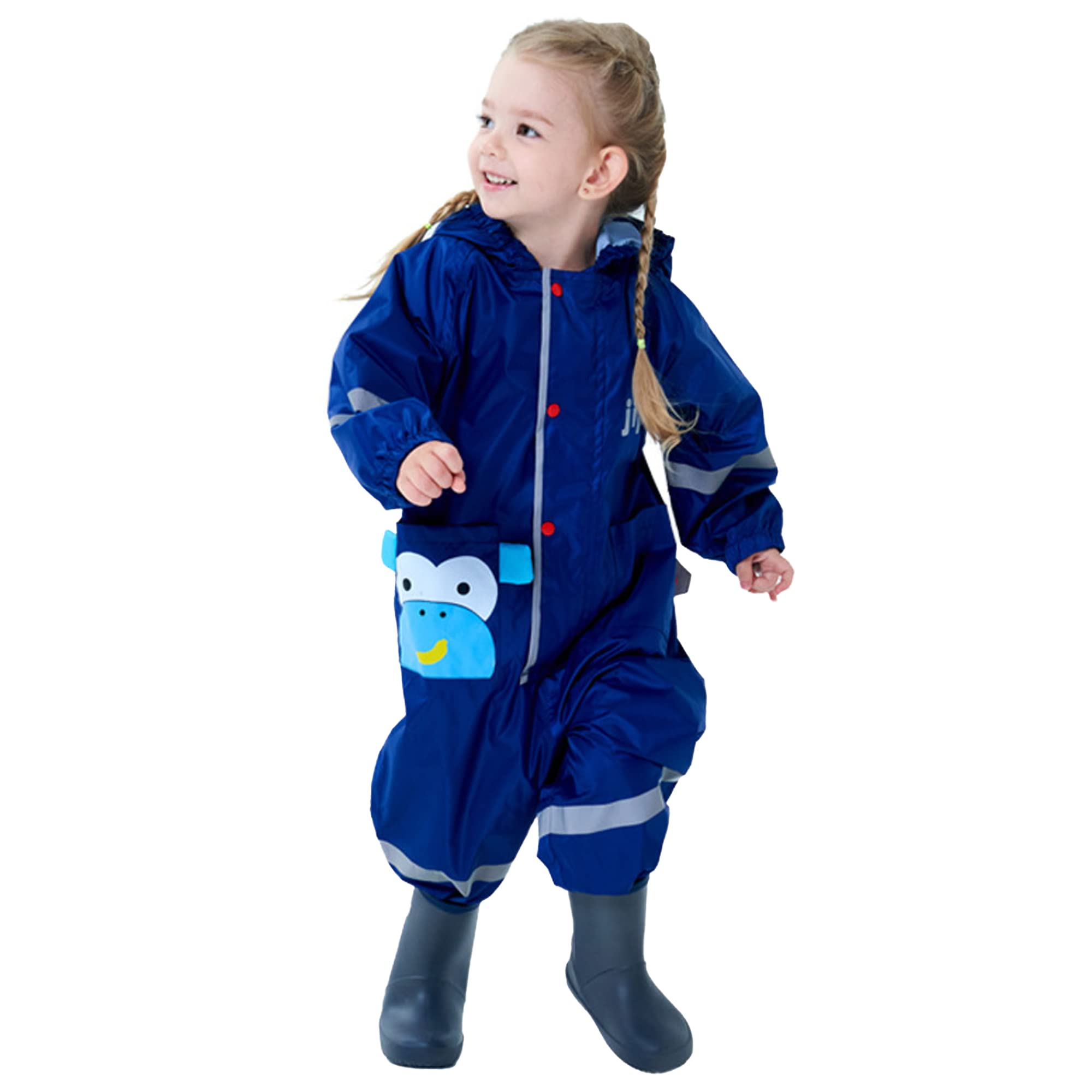 Waterproof Kids Rain Suit with Hood - Cute Monkey Print One-Piece Raincoat for Boys & Girls Ages 5-7 (Size L) - Perfect for Outdoor Play, School & Rainy Day Adventures