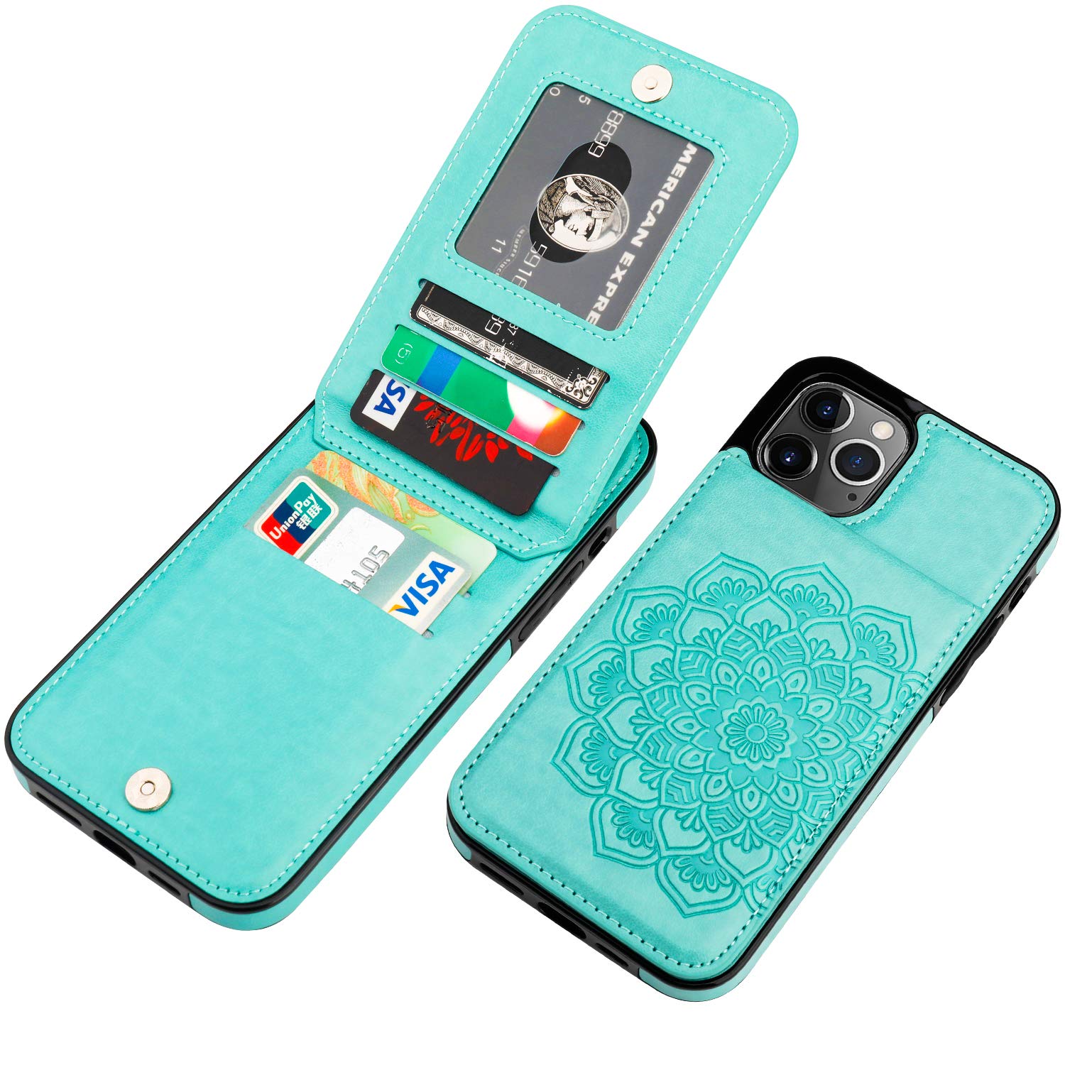 Vaburs iPhone 12 Pro Max Case with Wallet & Card Holder - 5 Card Slots, Embossed Mandala Flower PU Leather, Kickstand, Shockproof Flip Cover for iPhone 12 Pro Max 6.7 Inch (Green) | Perfect for Travel, Work & Everyday Use