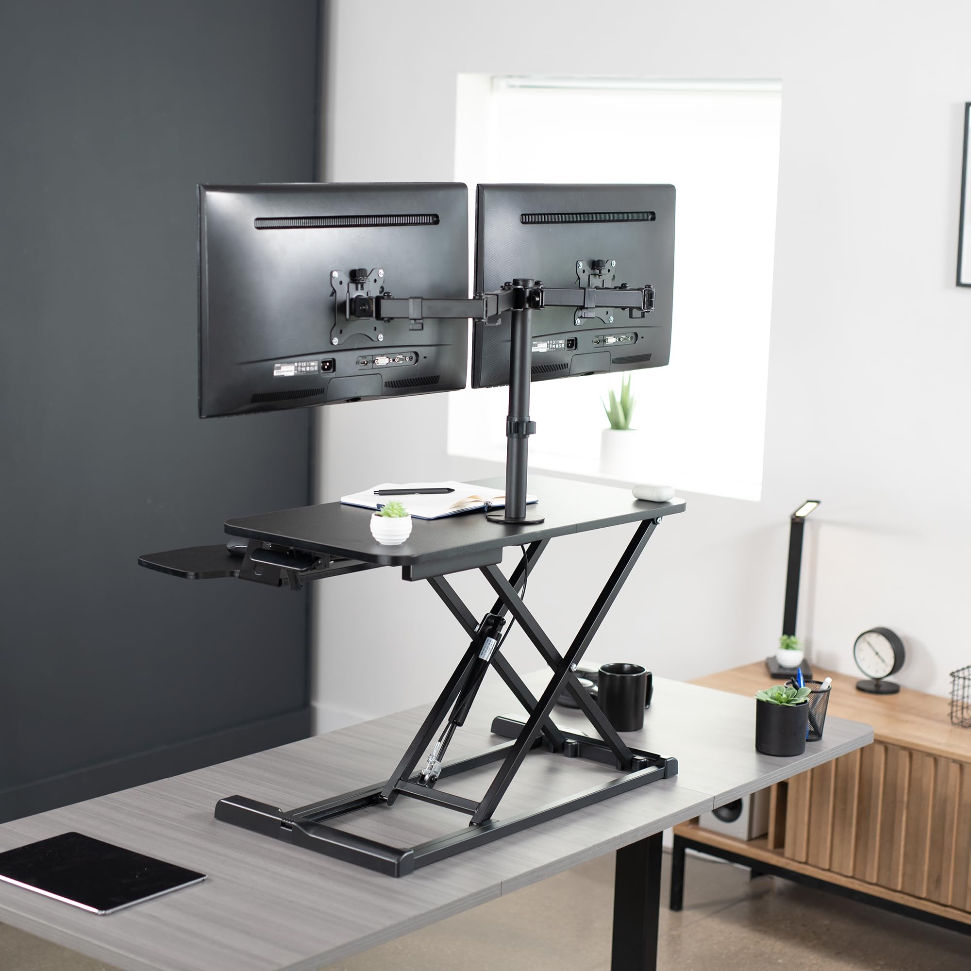 VIVO 32 Inch Height Adjustable Standing Desk Converter - Dual Monitor Stand (13-30 Inch) - Sit to Stand Workstation Riser - Black (DESK-V000K-M2) - Perfect for Home Office, Gaming Setup & Ergonomic Workspace
