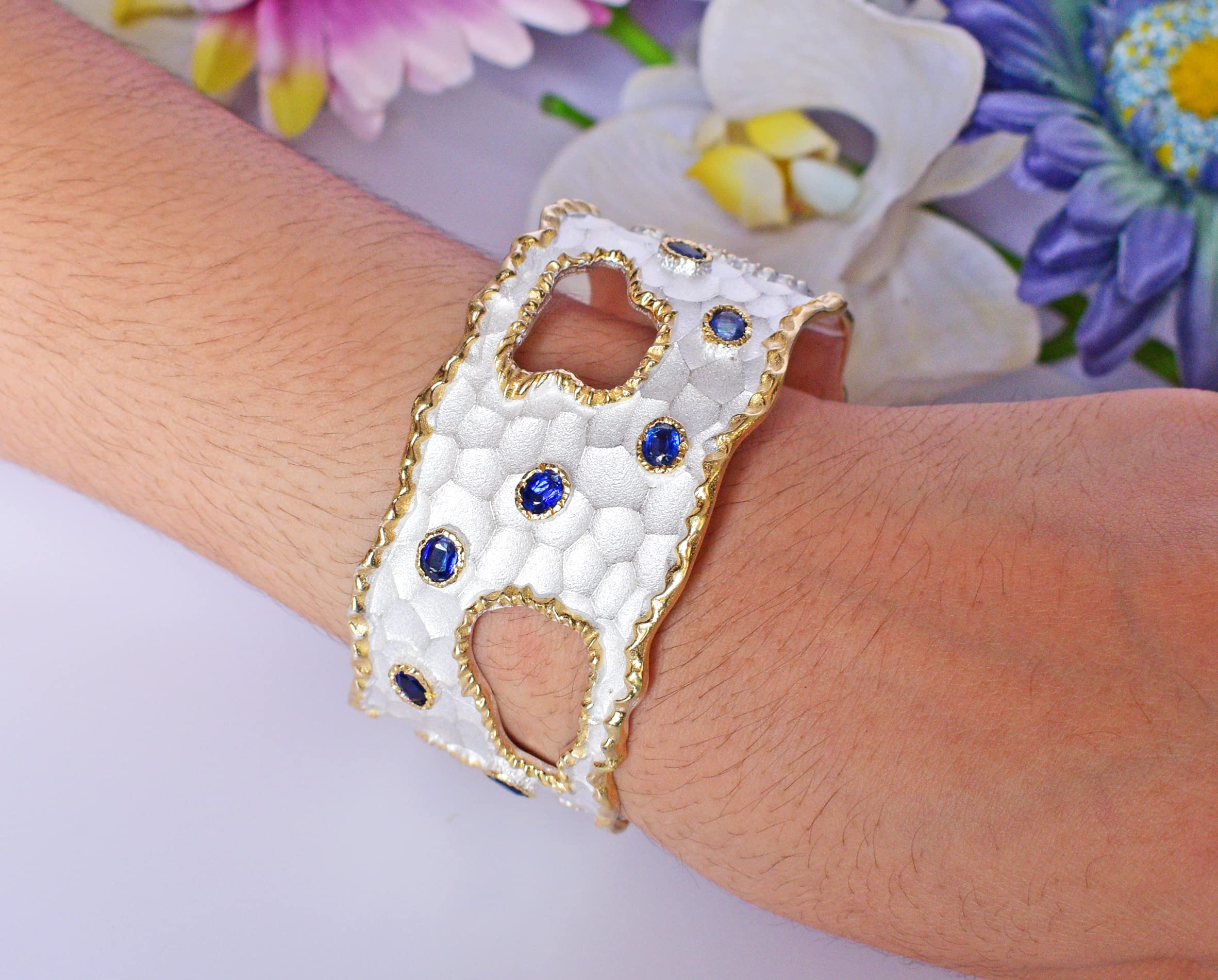 Kyanite & CZ Gemstone 925 Sterling Silver Cuff Bangle - Handmade Jewelry Gift for Women, Elegant Bracelet for Birthday, Anniversary & Special Occasions