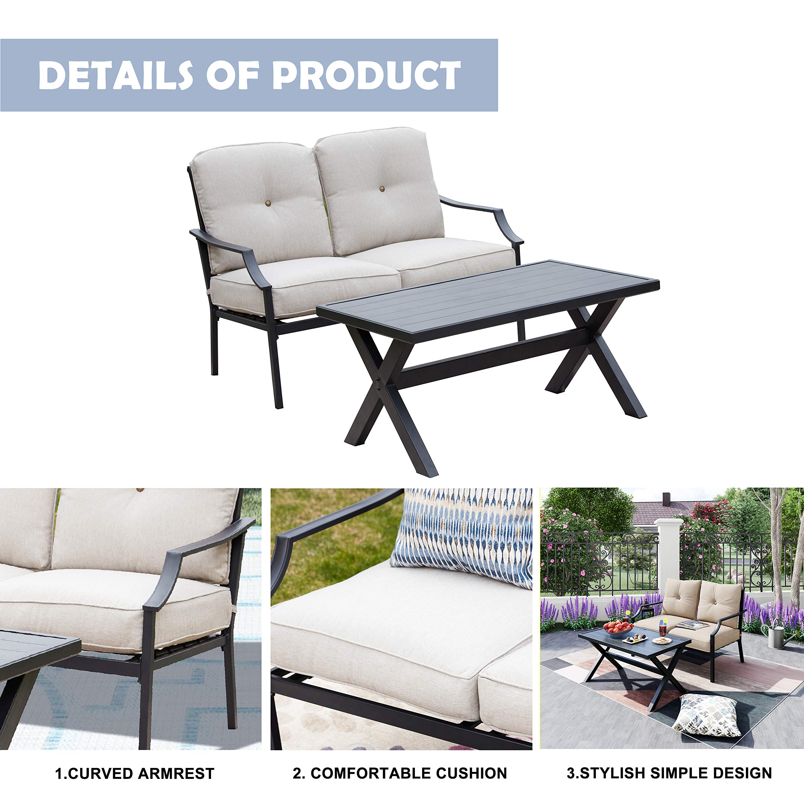 LOKATSE HOME 2-Piece Outdoor Patio Conversation Set - Metal Bench Sofa with Cushions & Coffee Table, Beige Loveseat for Garden, Backyard, Poolside Relaxation