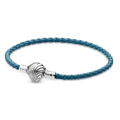 PANDORA 925 Sterling Silver Seashell Clasp Turquoise Braided Leather Charm Bracelet for Women - Perfect for Beach Vacations, Summer Outfits & Gift Giving