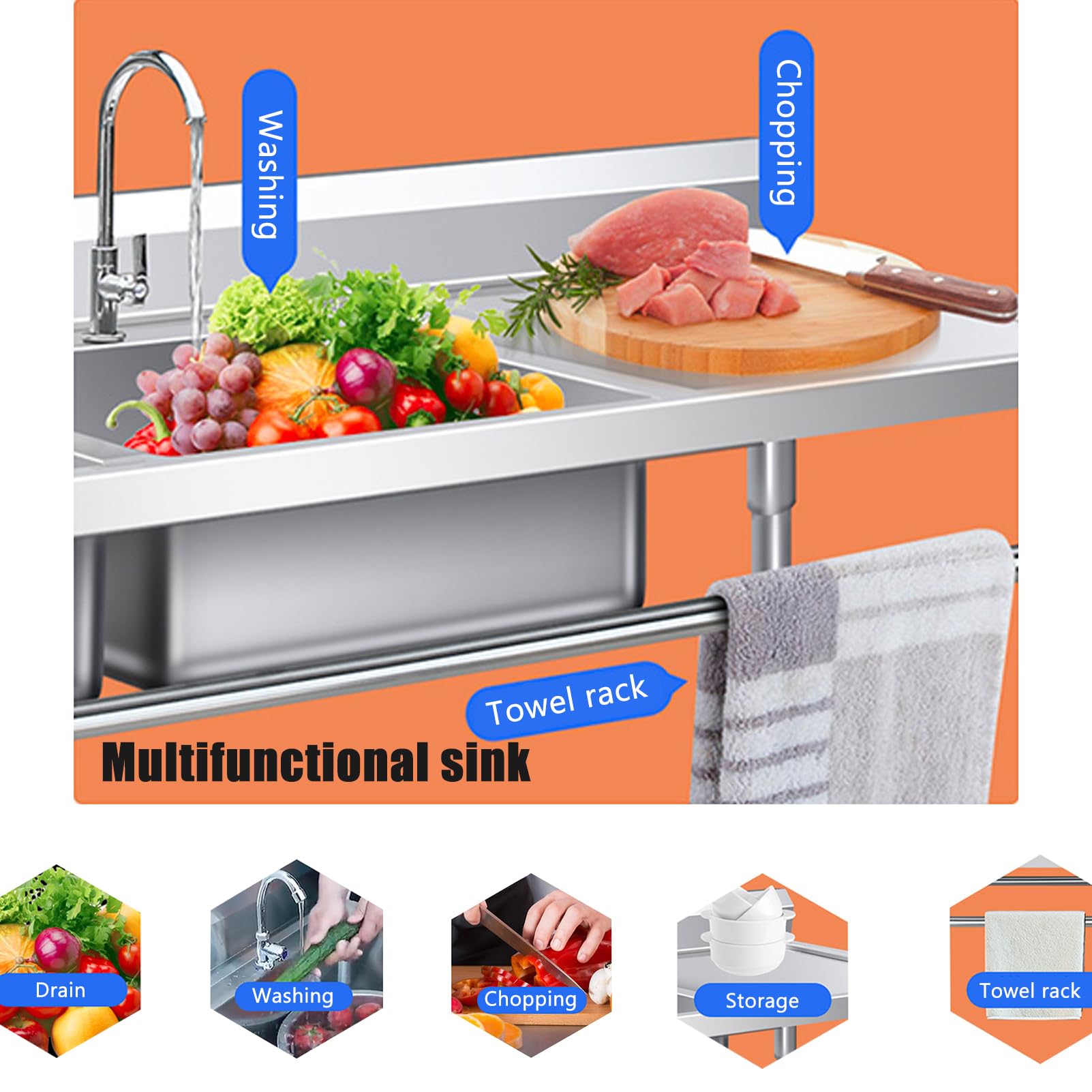 Stainless Steel Commercial Kitchen Sink - Single Bowl Restaurant Sink with Workbench, Durable Hand Wash Basin for Indoor & Outdoor Use (120x60x80cm) - Perfect for Restaurants, Food Trucks, and Outdoor Cooking Areas