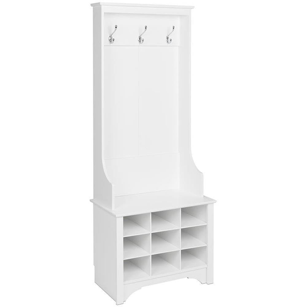 White Hall Tree with Shoe Storage - 9 Cubbies & 3 Double Coat Hooks - Entryway Organizer (15.5