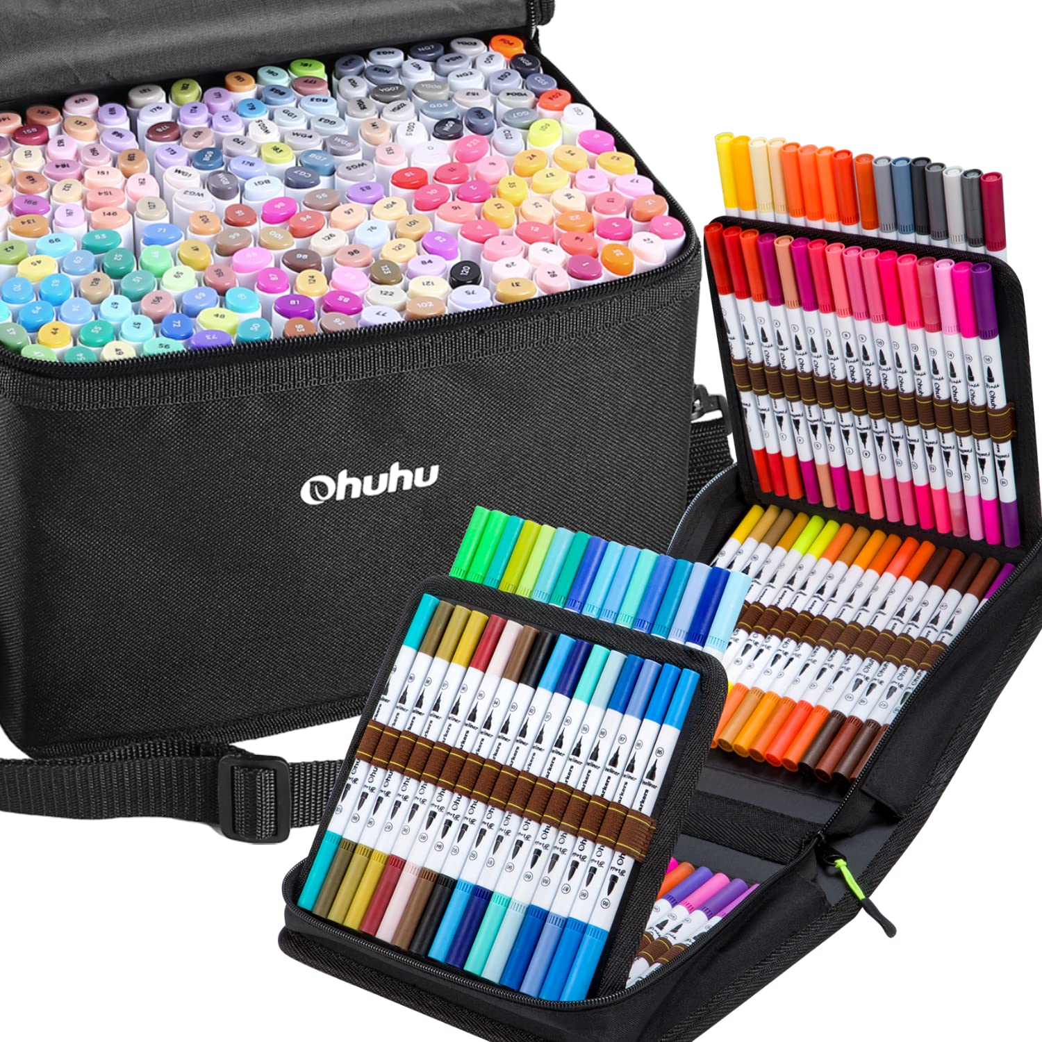 Ohuhu 100 Colors Dual Tip Brush & Fine Markers + 200 Alcohol-Based Art Markers with Chisel & Fine Tips - Perfect for Adult Coloring Books, Sketching, Bullet Journaling & Professional Illustration