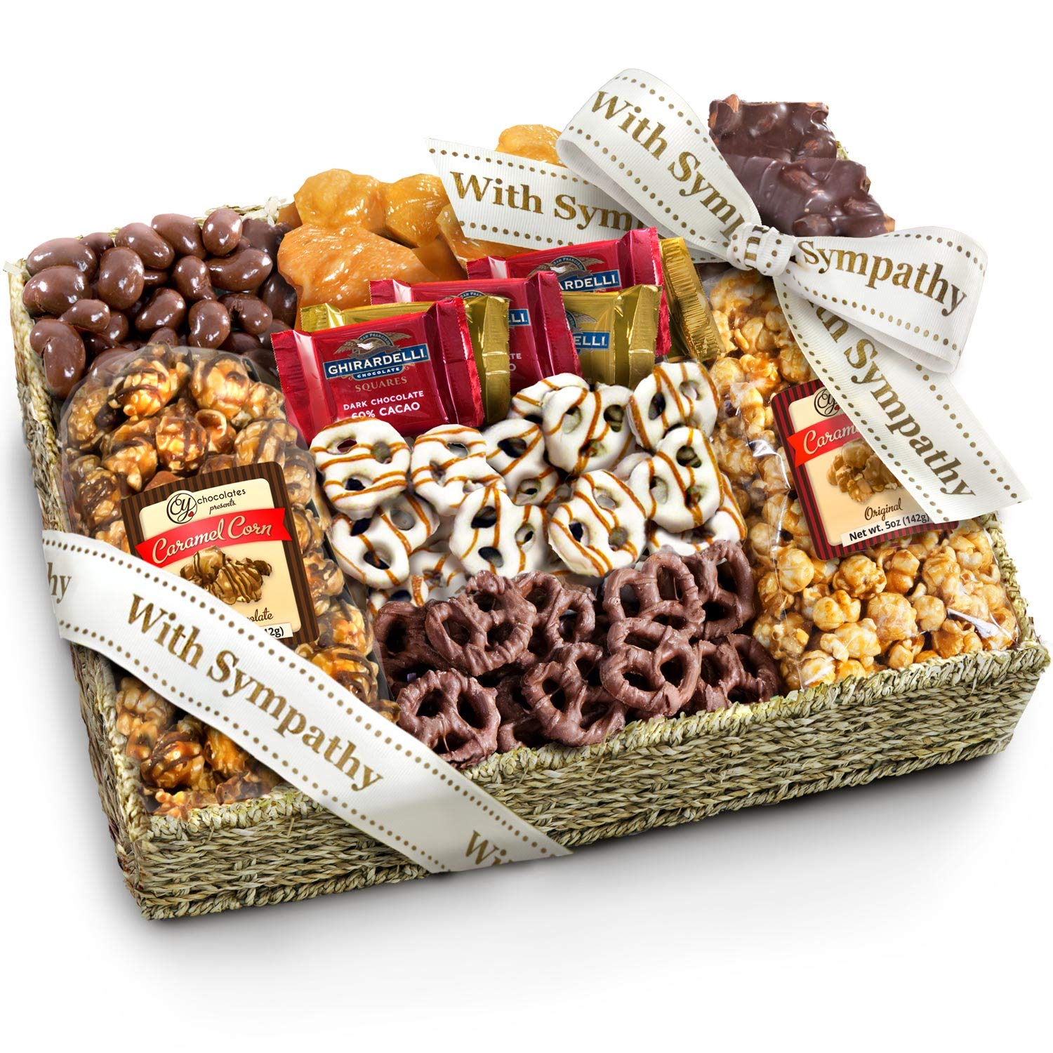Premium Sympathy Gift Basket - Ghirardelli Chocolate, Caramel & Crunch Snacks with Chocolate-Covered Nuts | Thoughtful Condolence Present for Funeral, Memorial Service & Comforting Loved Ones