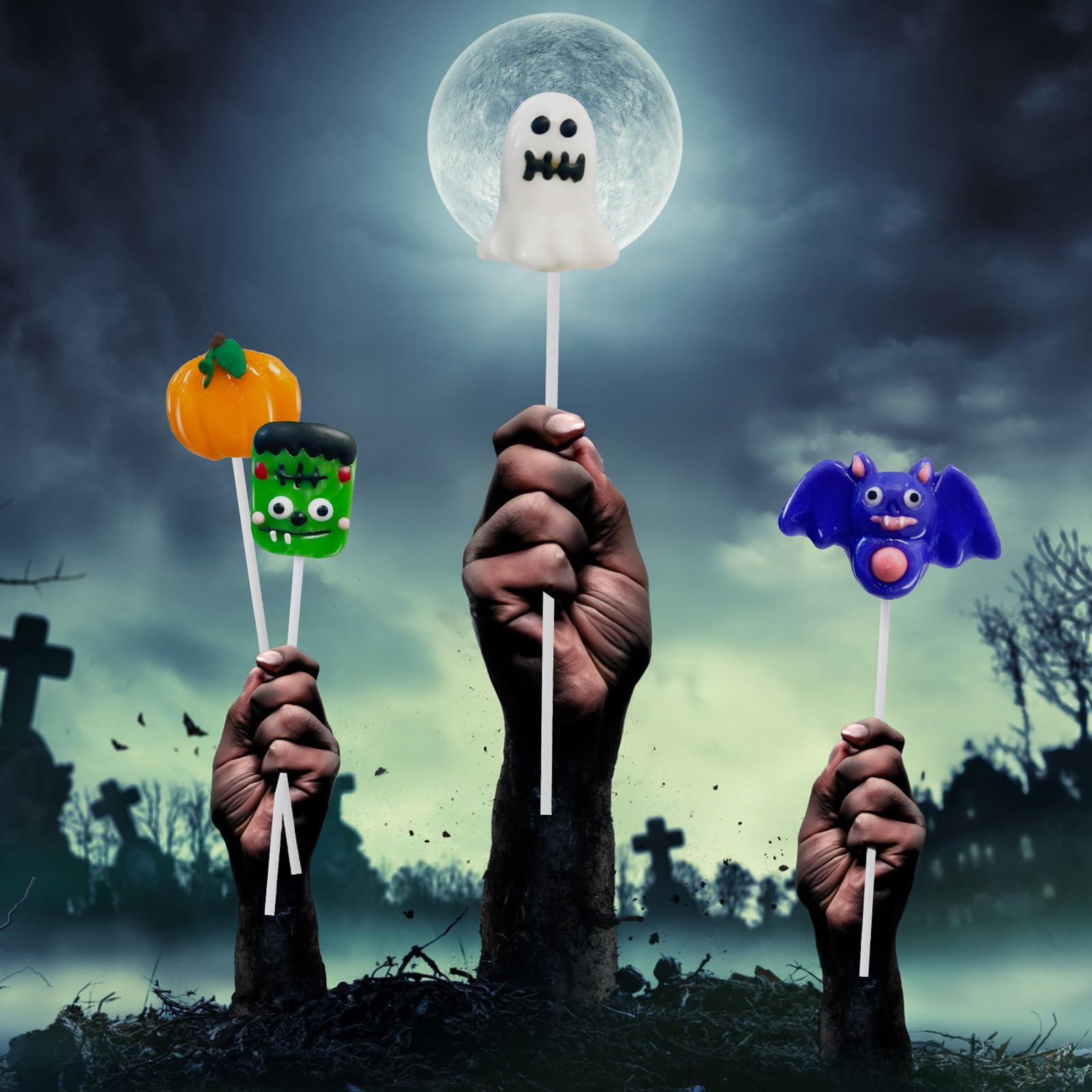 Halloween Lollipop Suckers Candy 24 Pack - Assorted Spooky Shapes (Pumpkin, Green Monster, Bat) - Individually Wrapped for Trick or Treat, Party Favors, Goody Bags & Halloween Celebrations