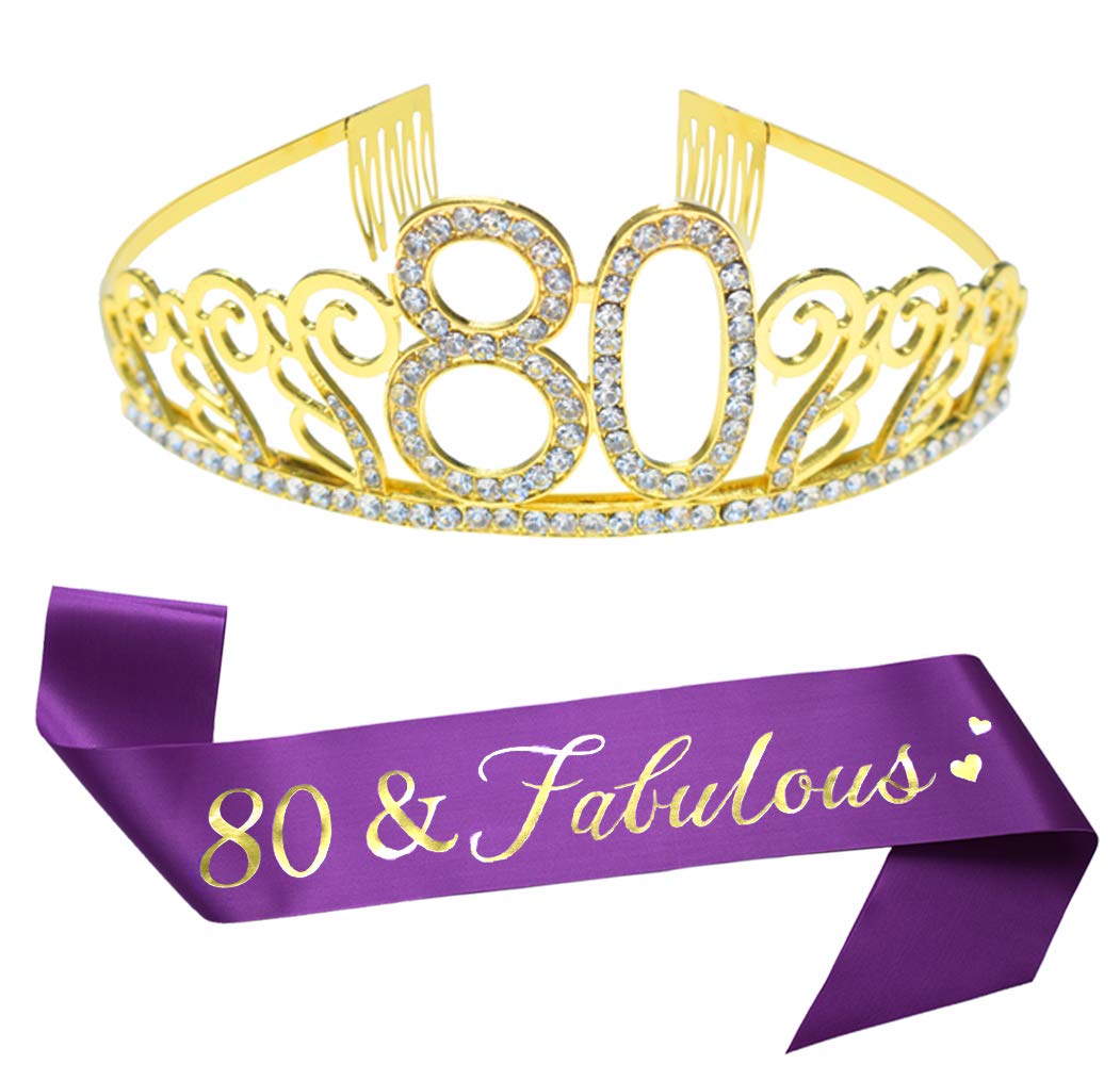 80th Birthday Gold Tiara & Sash Set - Sparkling Crystal Rhinestone Crown & Glitter Satin Sash for Women's 80th Birthday Party Decorations, Cake Topper, Photo Props - Perfect for Milestone Celebrations, Themed Parties & Special Occasions