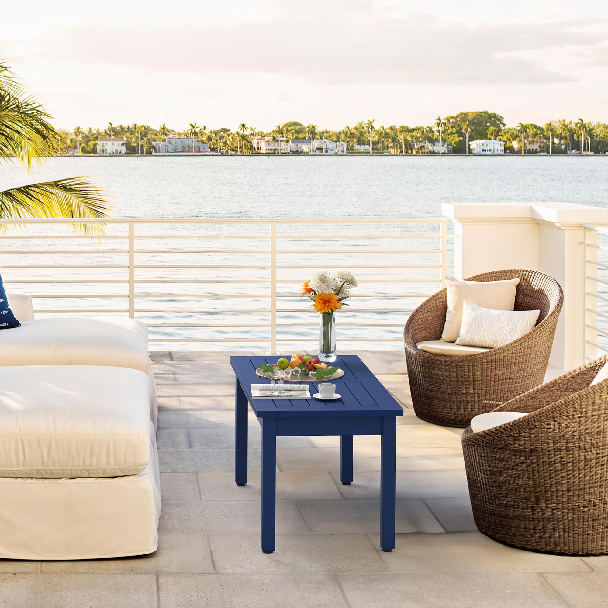 LUE BONA Outdoor Rectangle Coffee Table - All-Weather HDPS Patio Table with Slatted Tabletop for Deck, Garden, Balcony, Indoor & Outdoor Use - Navy Blue | Perfect for Backyard, Poolside & Porch Relaxation