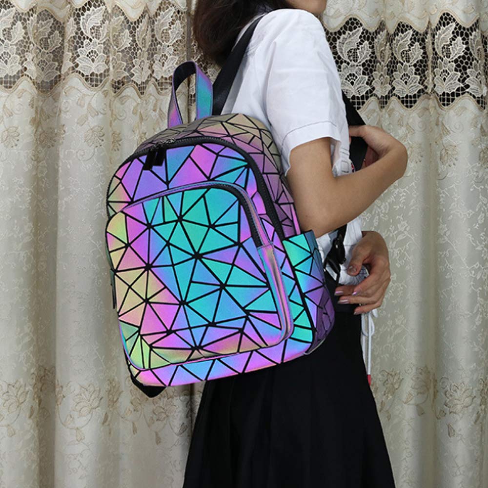 Stylish Reflective Luminous Backpack for Women - Geometric Travel Backpack with Matching Wallet - Waterproof School Bag & Commuter Purse for Night Safety (Ideal for College, Work, Gym & Outdoor Activities)
