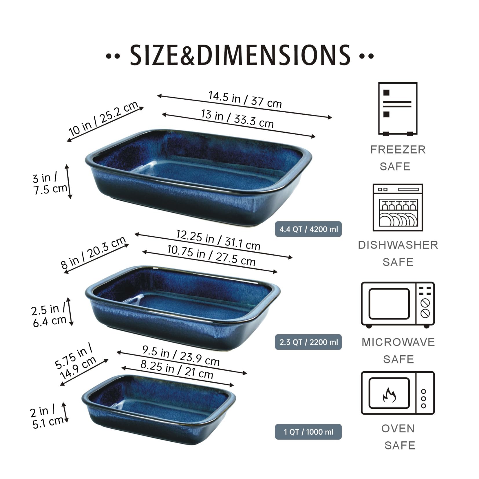 Henten Home 3-Piece Ceramic Baking Dish Set - Porcelain Bakeware for Oven & Microwave, Oblong Casserole & Rectangular Baking Tray with Reactive Glaze (Blue) - Perfect for Lasagna, Casseroles & Holiday Meals