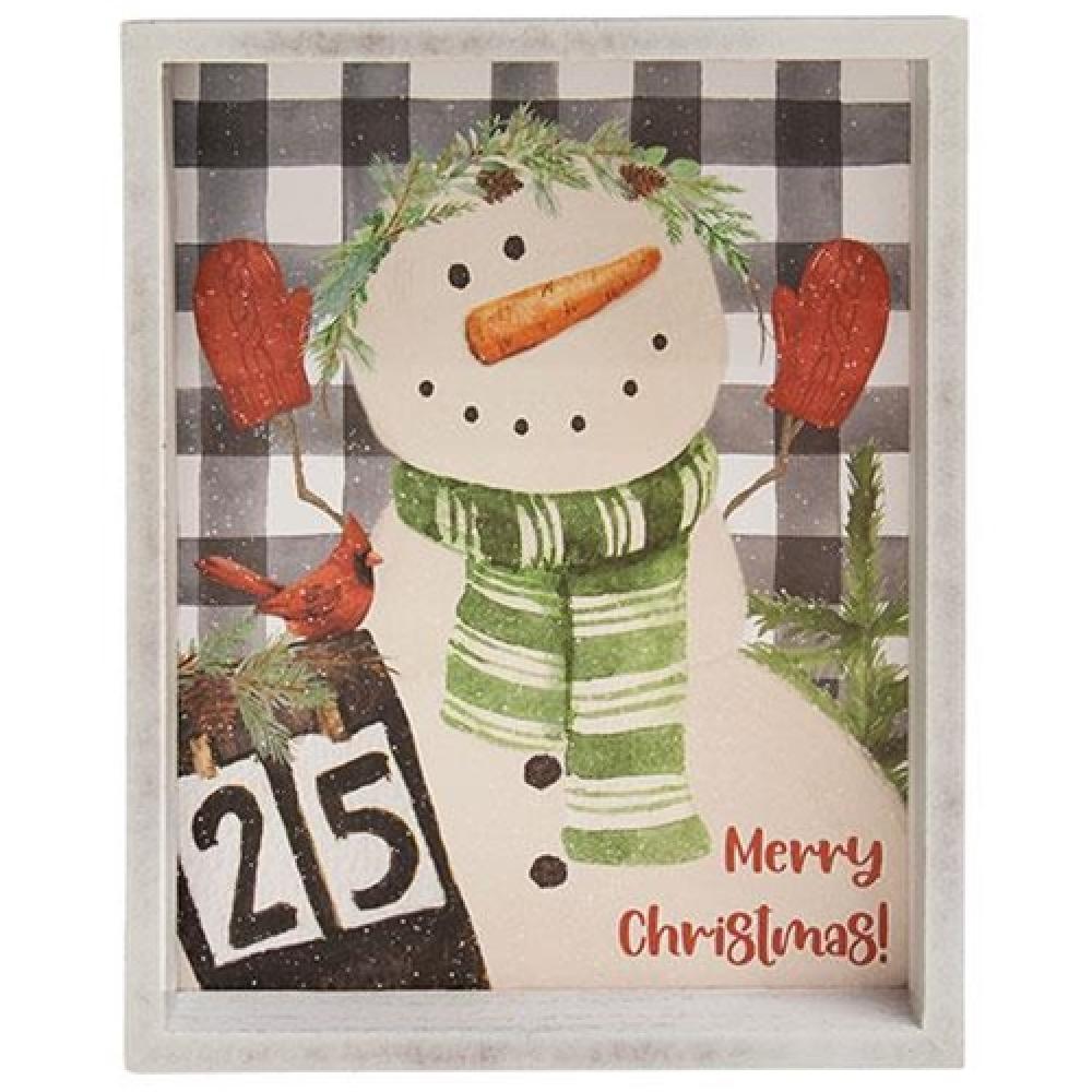 Christmas Snowman Inset Box Sign - Festive Holiday Home Decor for Christmas Tree, Fireplace Mantel, and Front Door Decorations