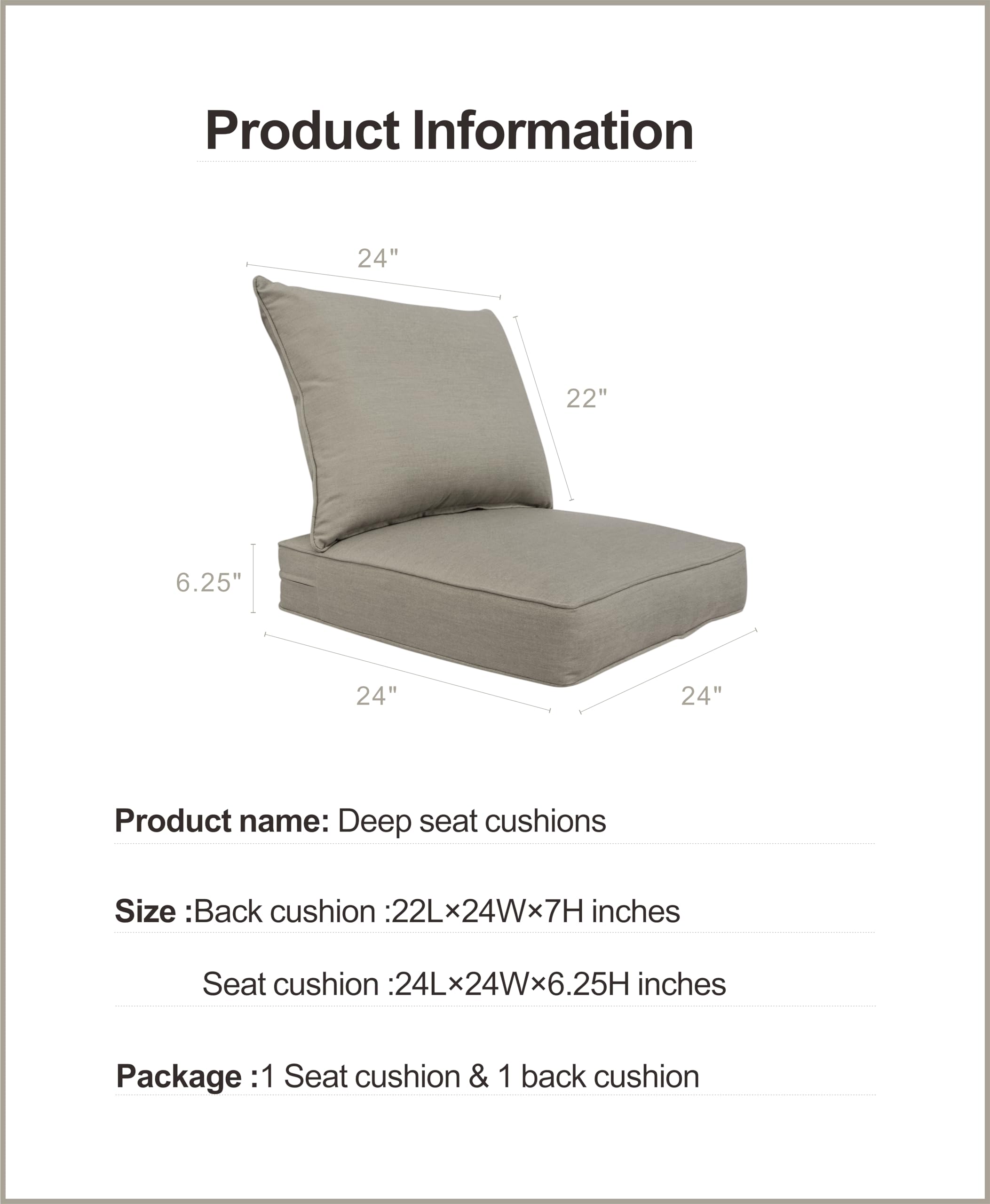 BOSSIMA 24x24 Inch Outdoor Patio Cushions - Deep Seat Chair Cushions with Sunbrella Fabric (Cast Slate Color) - Waterproof & UV Resistant for Patio Furniture, Garden Chairs, Poolside Lounging