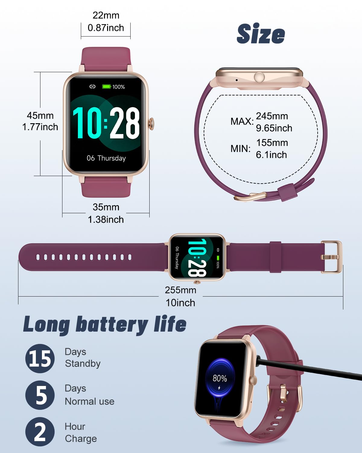GRV Smart Watch for Women - IP68 Waterproof Fitness Tracker with Heart Rate Monitor, Sleep Tracking, Step Counter & Calorie Burn - Compatible with iOS & Android (Dark Purple) - Perfect for Workouts, Swimming & Daily Activity Tracking
