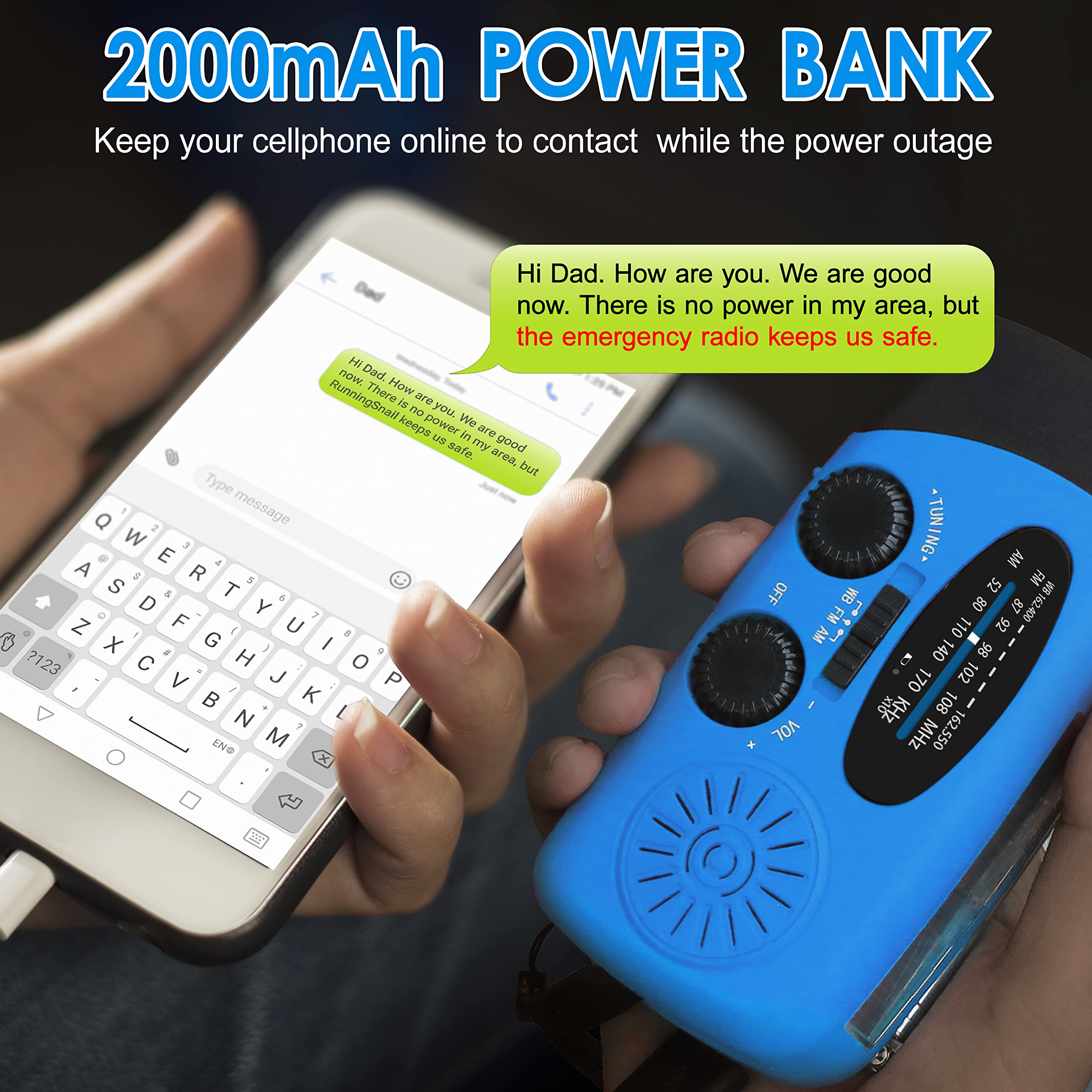 Emergency Hand Crank AM/FM Weather Radio with LED Flashlight, 2000mAh Power Bank & Phone Charger - Solar/USB Charging for Camping, Hiking, Power Outages & Survival Kits (Blue)